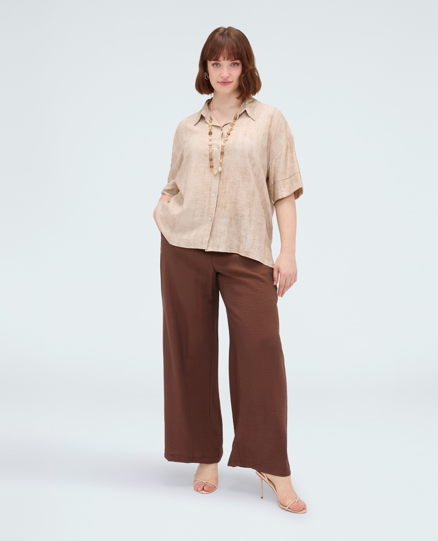 Pantalones de mujer wide leg en mezcla de viscosa bolsillos laterales y cintura elástica para el máximo confort - Fiorella Rubino - Marrón Marrón-3