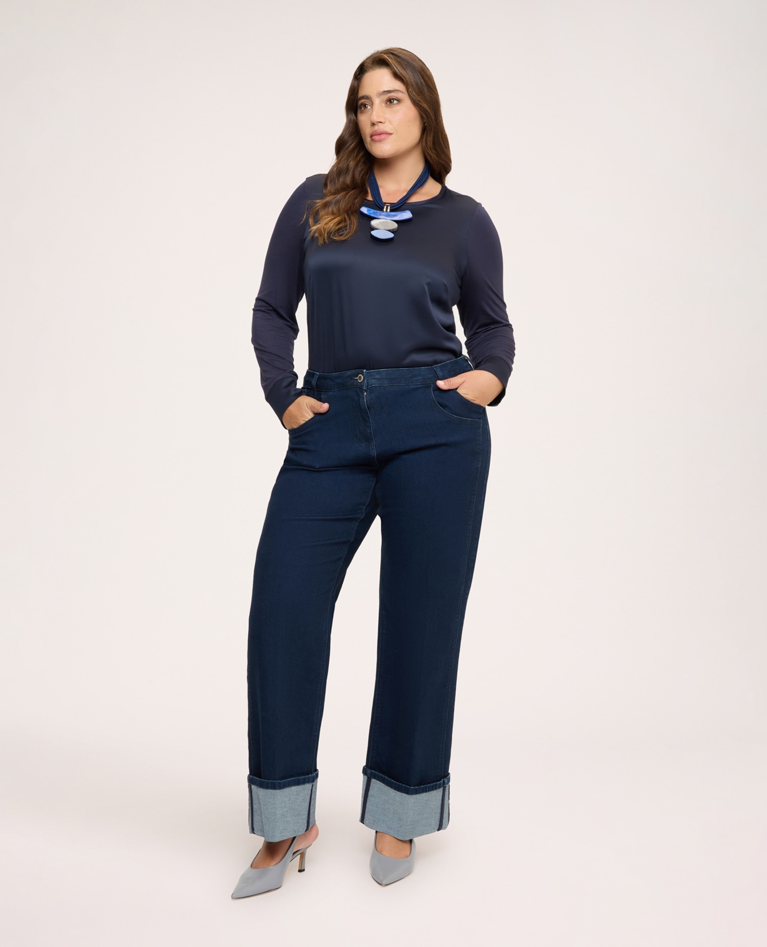 Imagen 3 de Camiseta de mujer bimaterial en raso y jersey construcción bimaterial para el máximo confort - Fiorella Rubino - Azul Azul