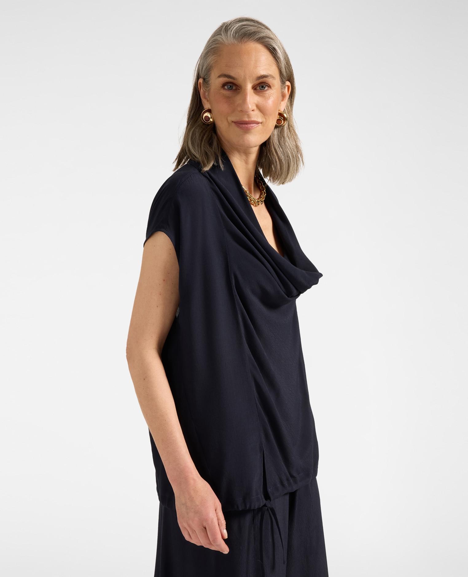 Blusa de mujer con escote drapeado y cordón ajustable drapeado frontal bajo con cordón y lazo ajustable - Elena Miró - Azul Azul-1