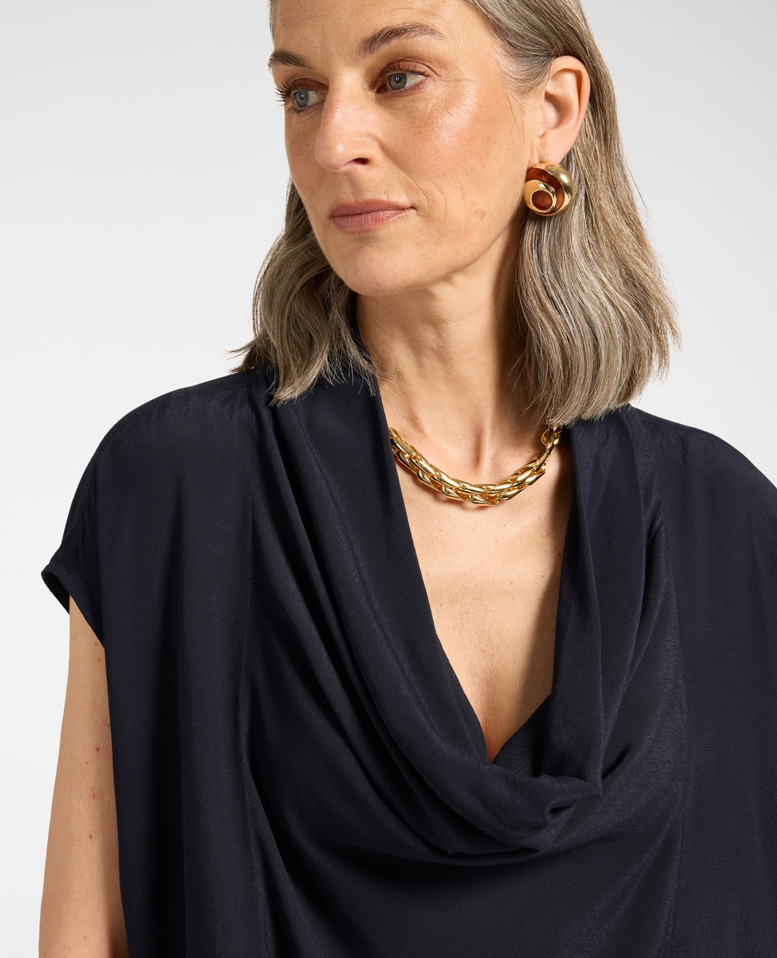 Blusa de mujer con escote drapeado y cordón ajustable drapeado frontal bajo con cordón y lazo ajustable - Elena Miró - Azul Azul-4