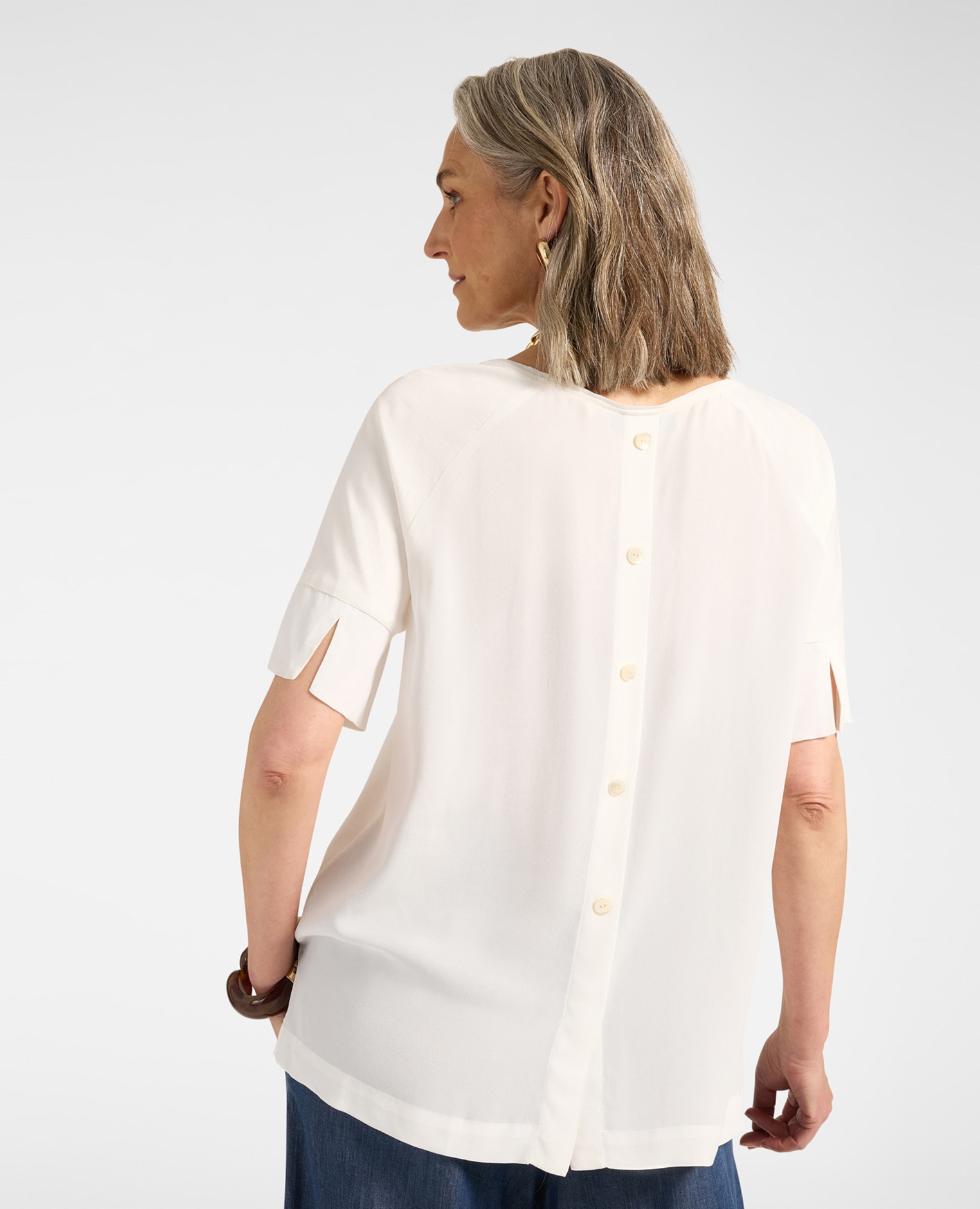 Camiseta de mujer con botones en la espalda mangas cortas de corte raglan con borde de canalé - Elena Miró - Blanco Blanco-2