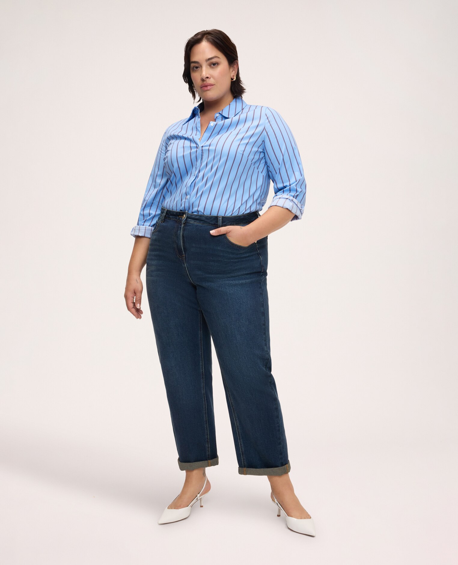 Camisa de mujer de rayas en algodón elástico tejido de popelín para una sensación agradable sobre la piel - Fiorella Rubino - Azul claro Azul claro-3