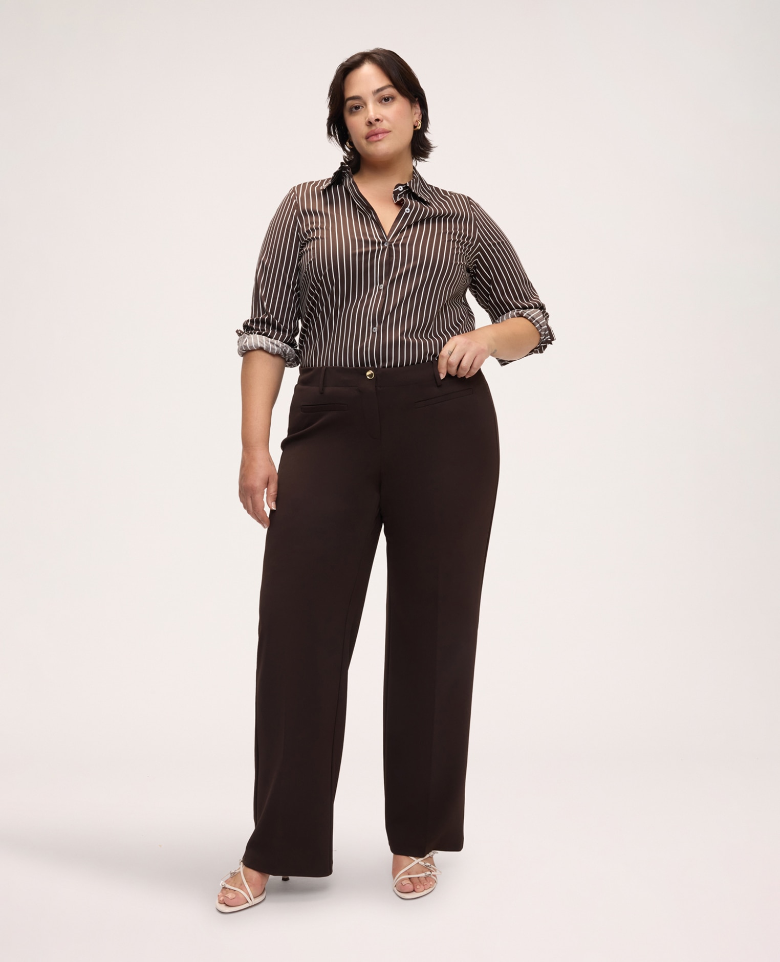 Camisa de mujer de rayas en algodón elástico tejido de popelín para una sensación agradable sobre la piel - Fiorella Rubino - Marrón Marrón-3