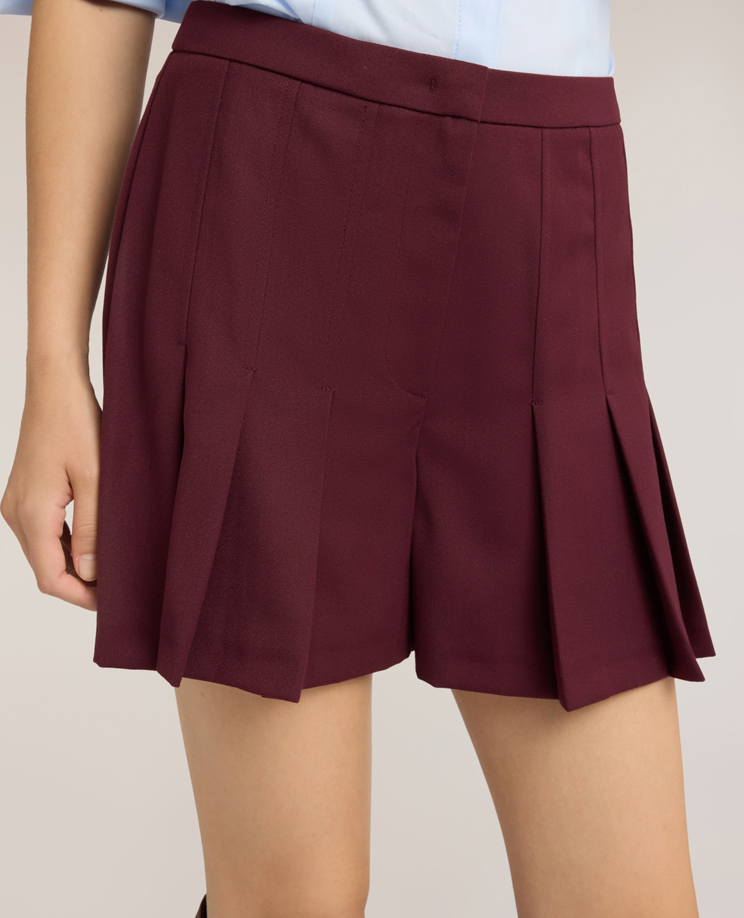 Falda corta de mujer de talle alto en twill con pliegues corte corto ajuste regular - Motivi - Burdeos Burdeos-4