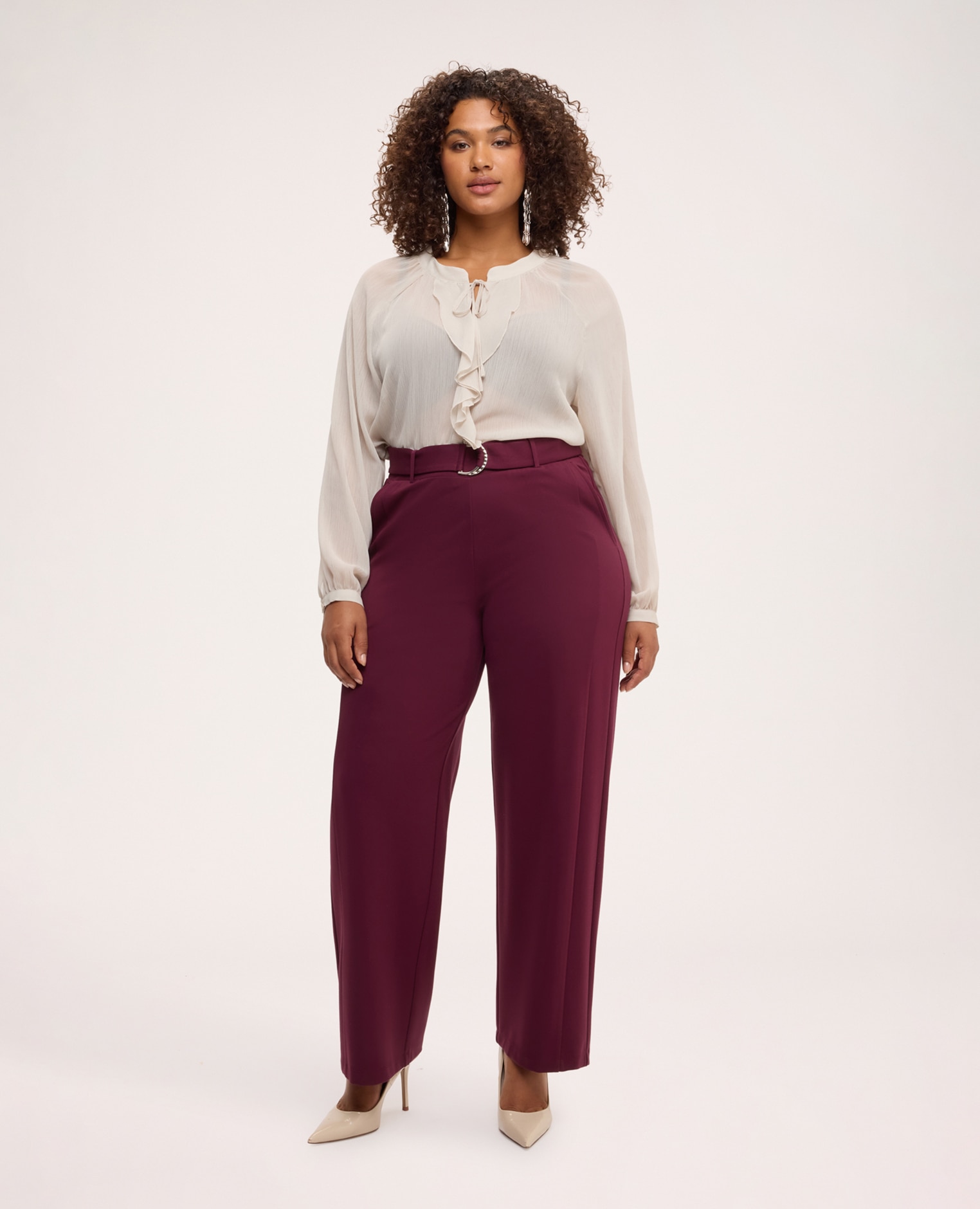 Blusa de mujer con lazo y volante volante central en la parte delantera y mangas largas - Fiorella Rubino - Blanco Blanco-3