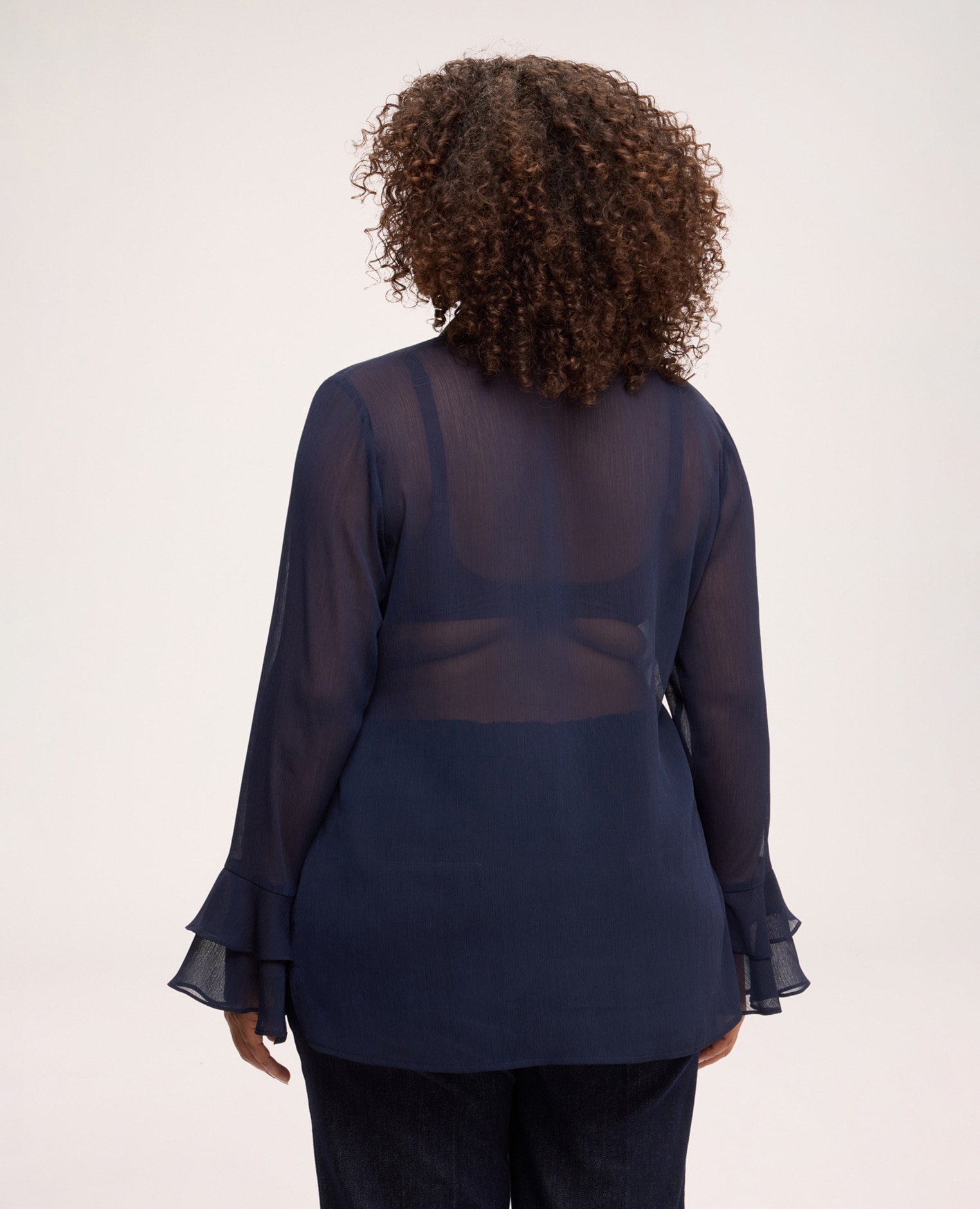 Blusa de mujer de crepé con volante cuello escote en v con volante a lo largo del cierre frontal - Fiorella Rubino - Azul Azul-2