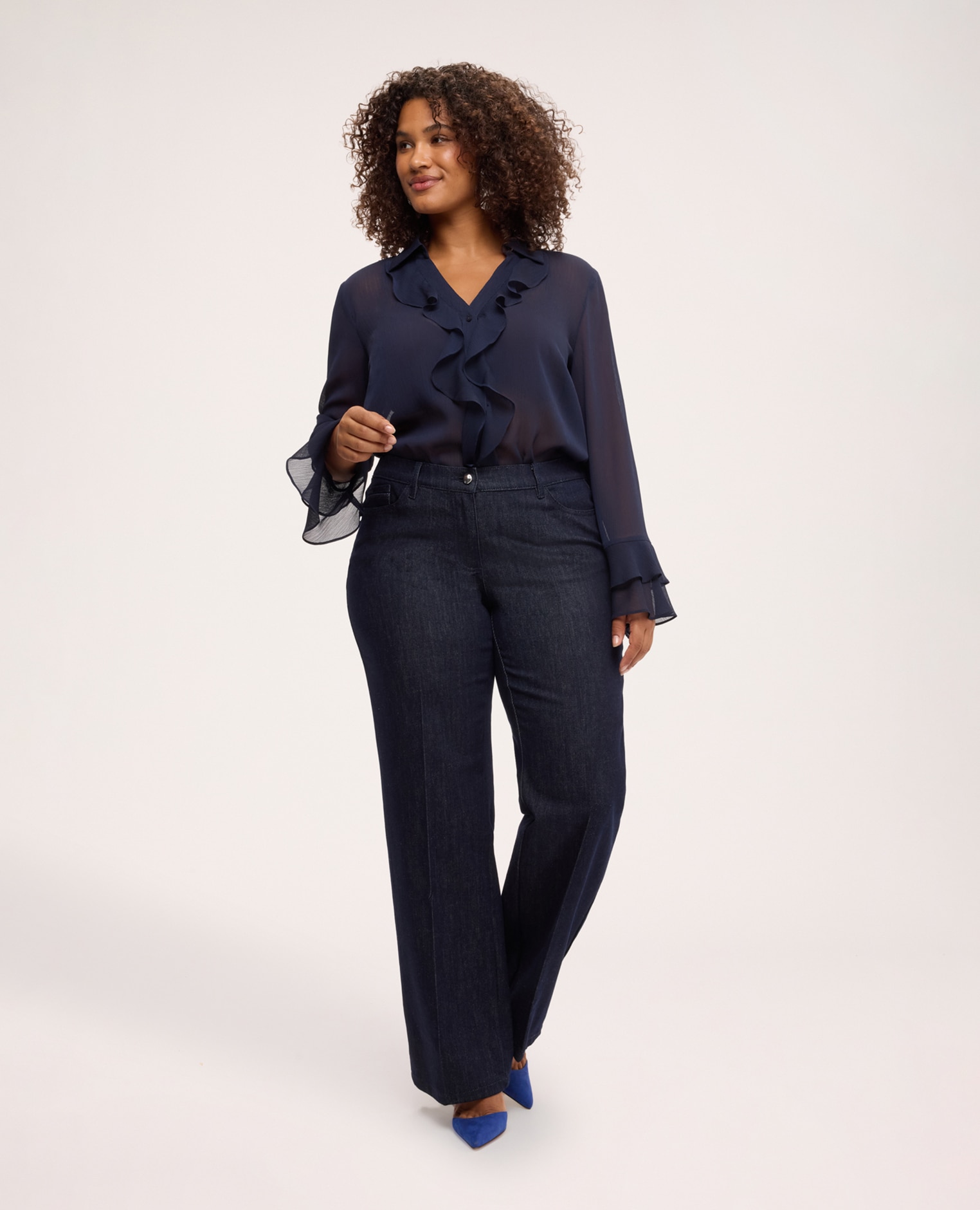 Blusa de mujer de crepé con volante cuello escote en v con volante a lo largo del cierre frontal - Fiorella Rubino - Azul Azul-3