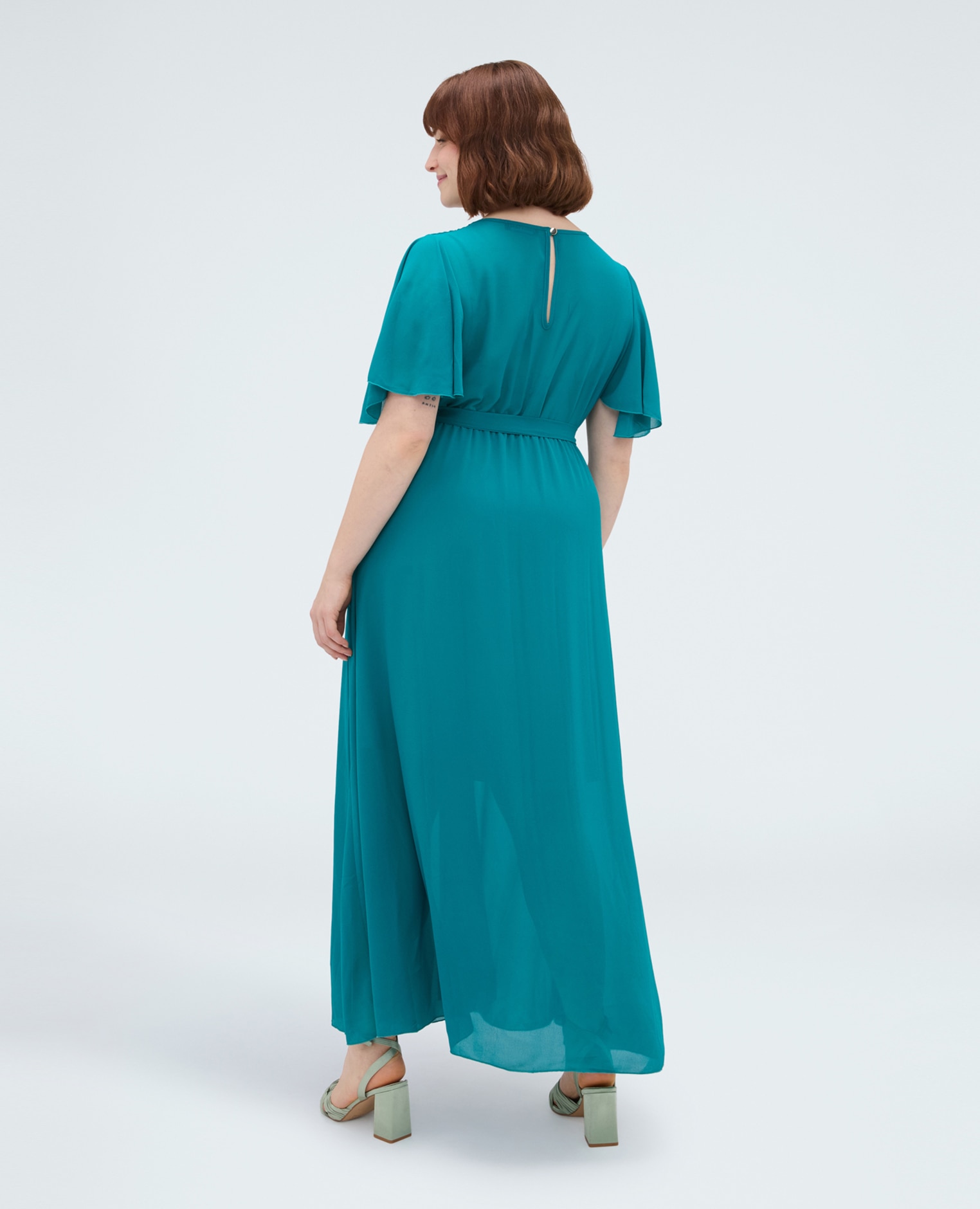 Vestido dream en georgette con escote en v mangas cortas con volantes de volante - Fiorella Rubino - Verde Agua Verde Agua-2