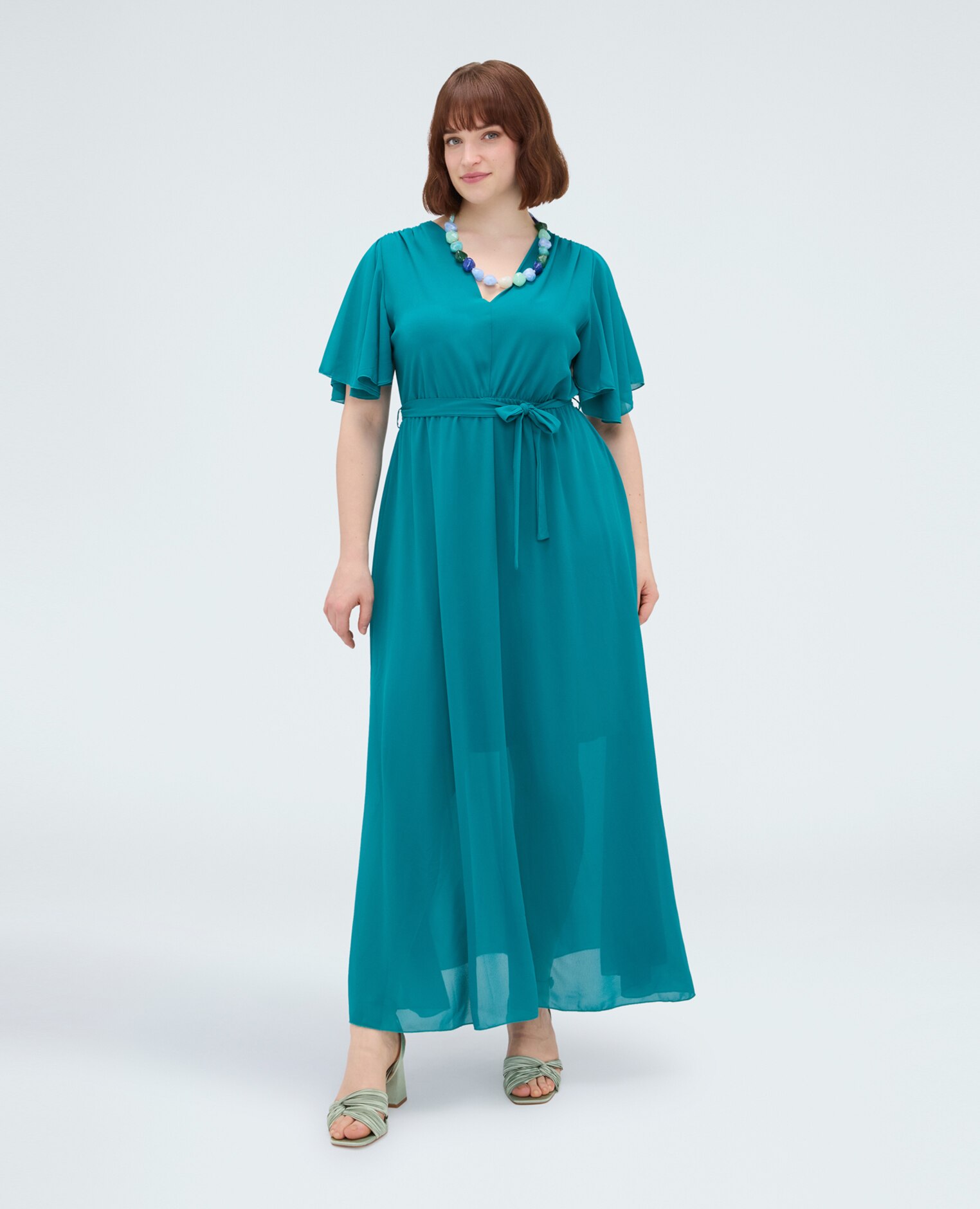 Vestido dream en georgette con escote en v mangas cortas con volantes de volante - Fiorella Rubino - Verde Agua Verde Agua-3