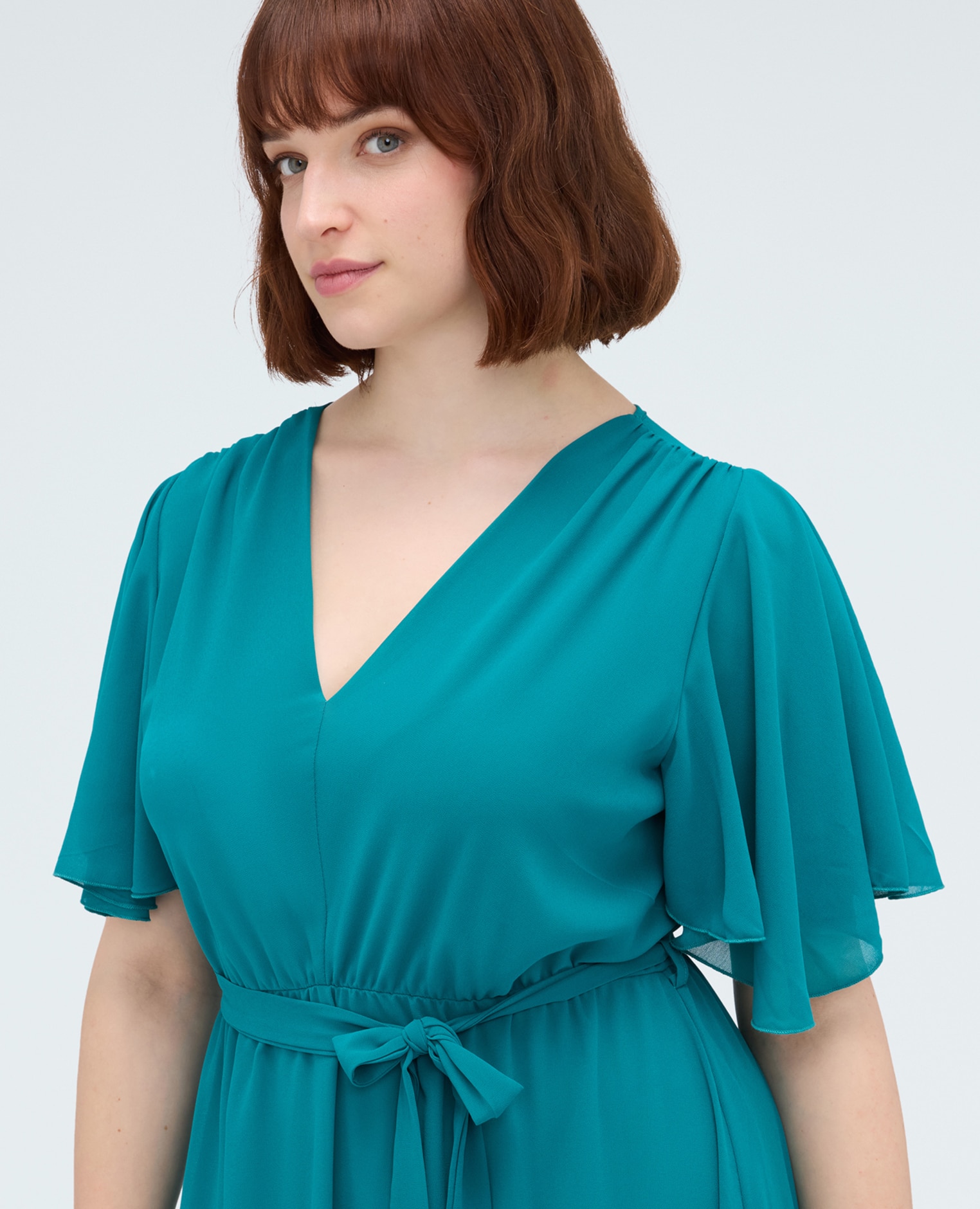 Vestido dream en georgette con escote en v mangas cortas con volantes de volante - Fiorella Rubino - Verde Agua Verde Agua-4