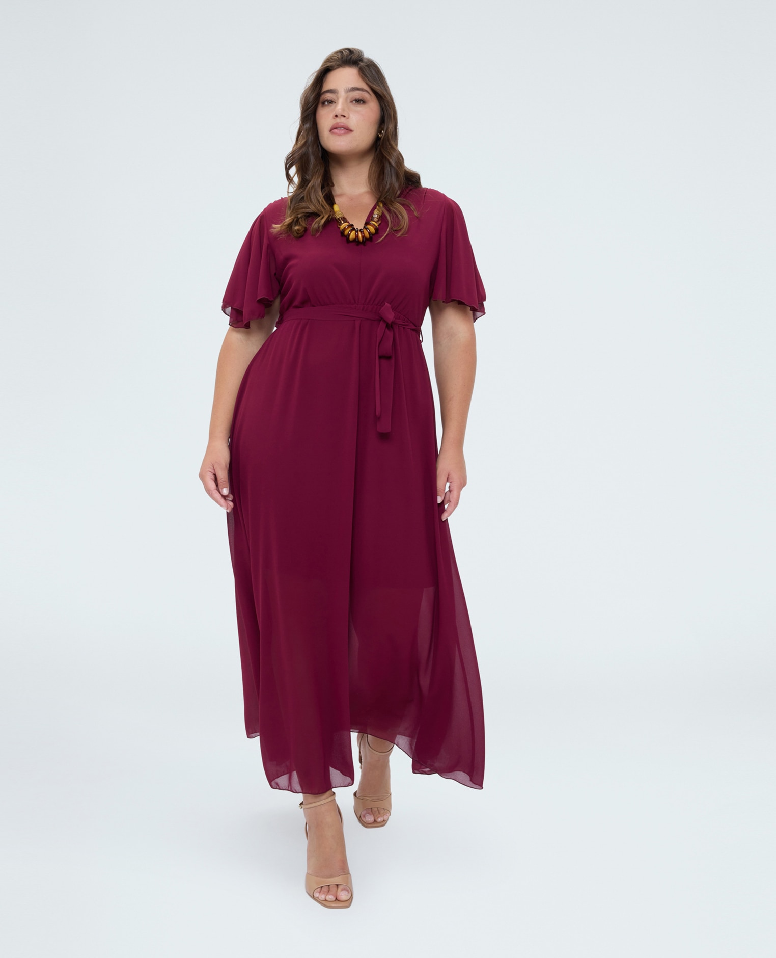 Vestido dream en georgette con escote en v mangas cortas con volantes de volante - Fiorella Rubino - Fucsia Fucsia-1