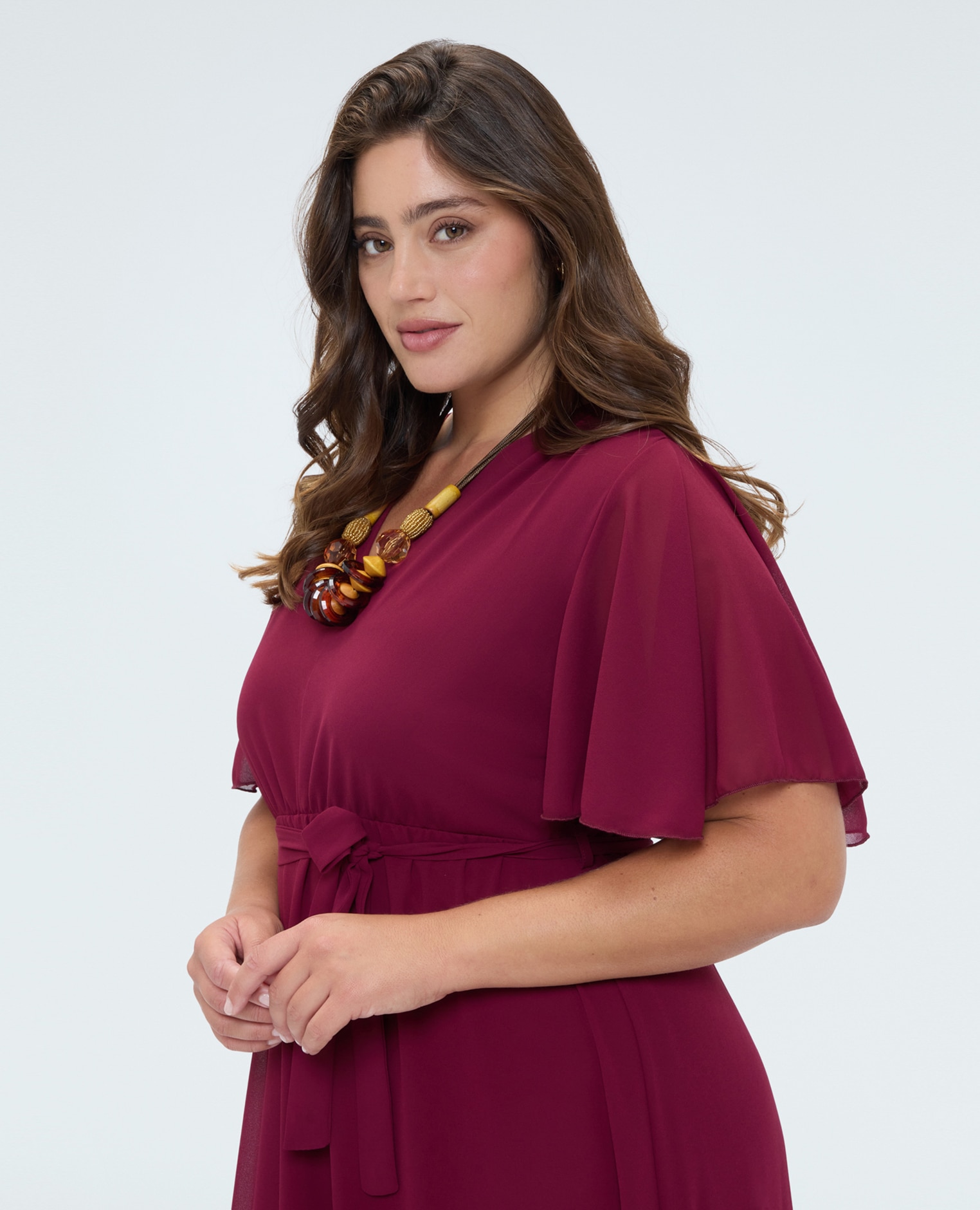 Vestido dream en georgette con escote en v mangas cortas con volantes de volante - Fiorella Rubino - Fucsia Fucsia-4