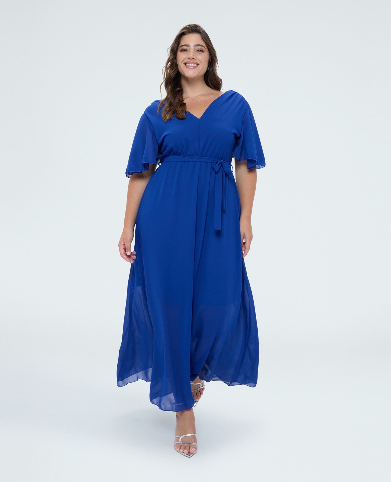 Vestido dream en georgette con escote en v mangas cortas con volantes de volante - Fiorella Rubino - Azul Azul-1