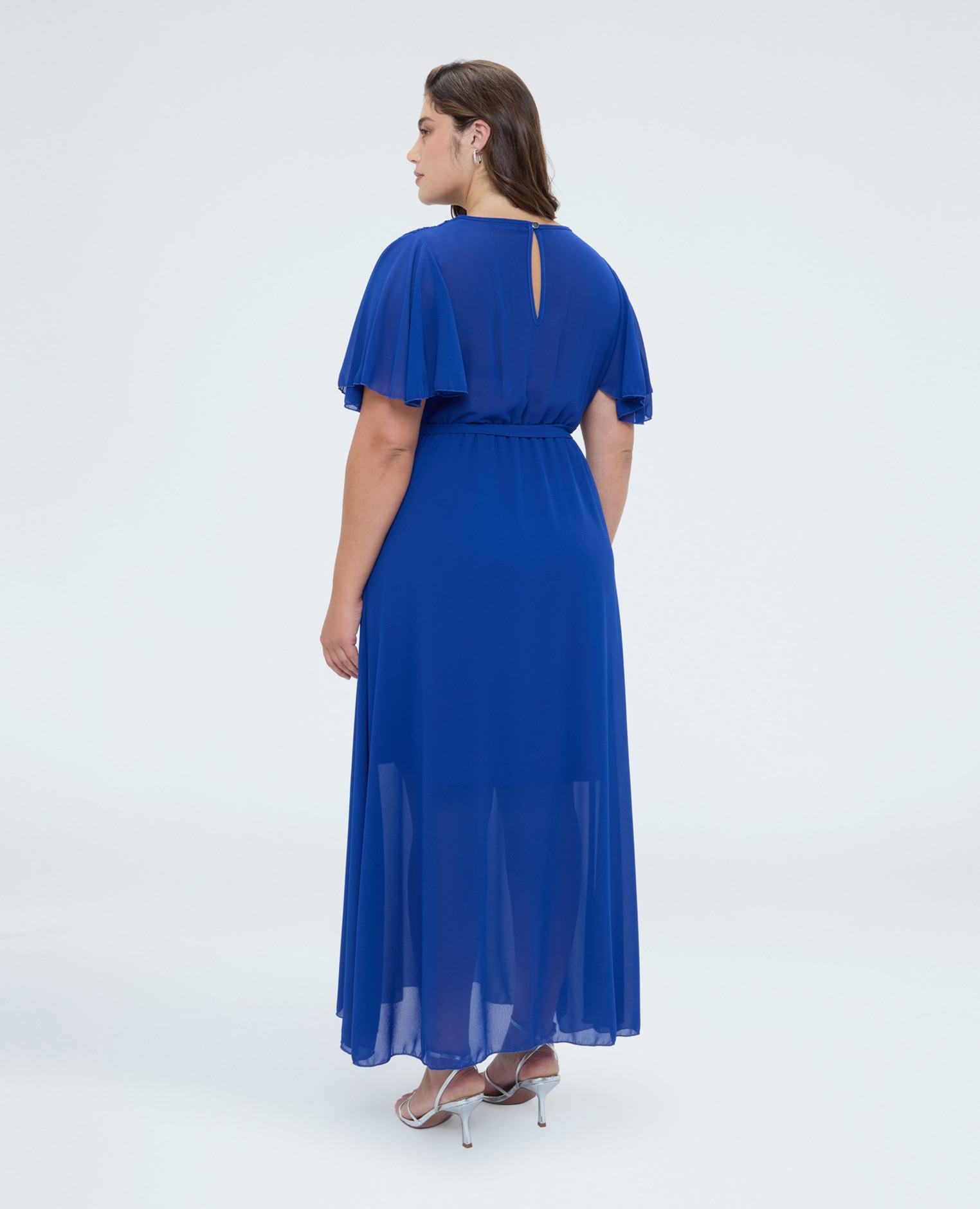 Vestido dream en georgette con escote en v mangas cortas con volantes de volante - Fiorella Rubino - Azul Azul-2