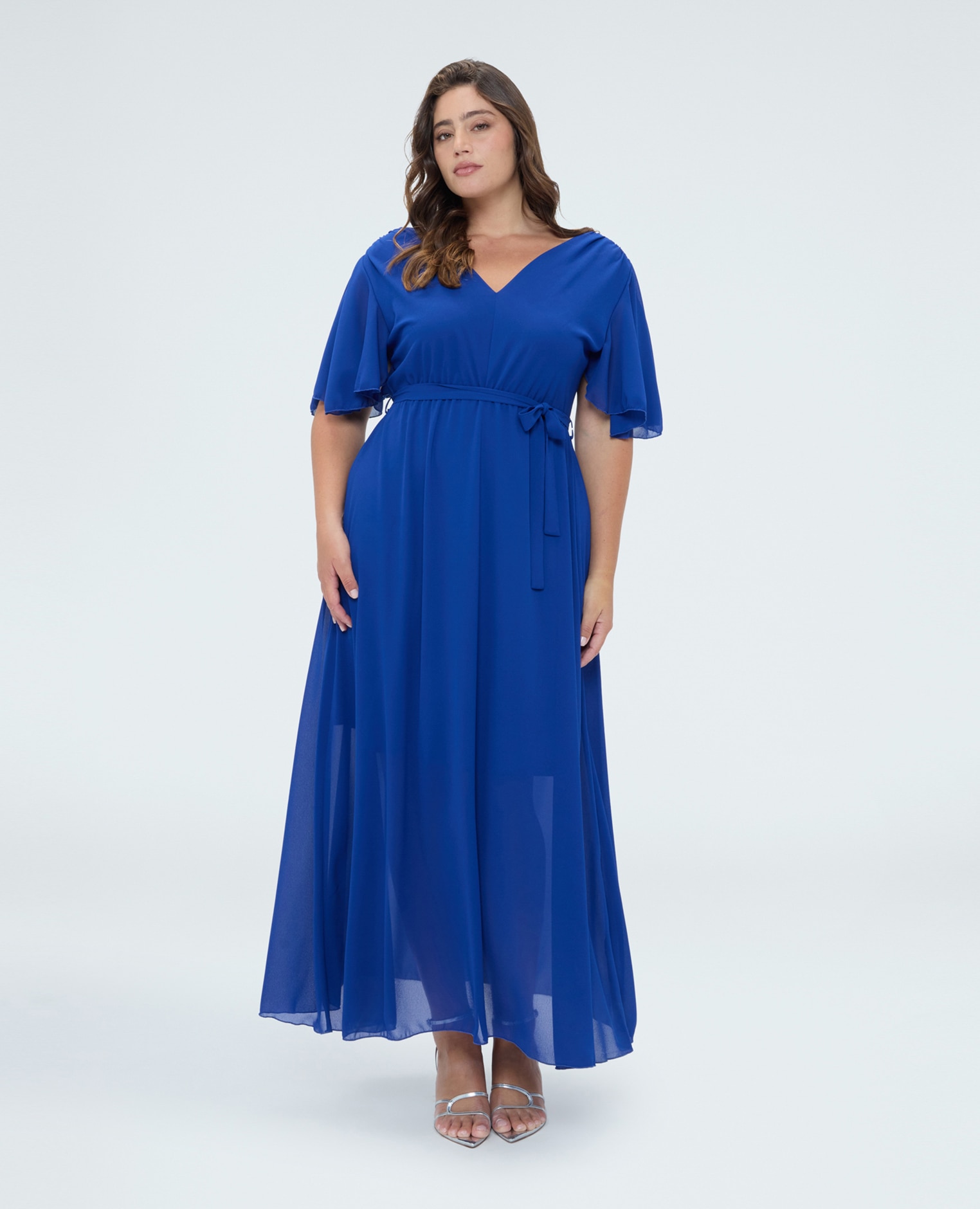 Vestido dream en georgette con escote en v mangas cortas con volantes de volante - Fiorella Rubino - Azul Azul-3