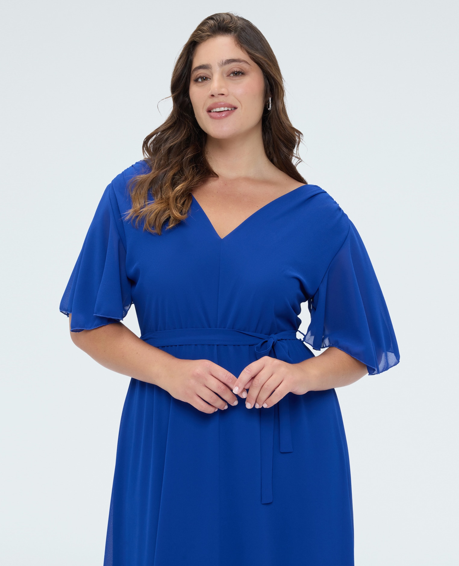 Vestido dream en georgette con escote en v mangas cortas con volantes de volante - Fiorella Rubino - Azul Azul-4