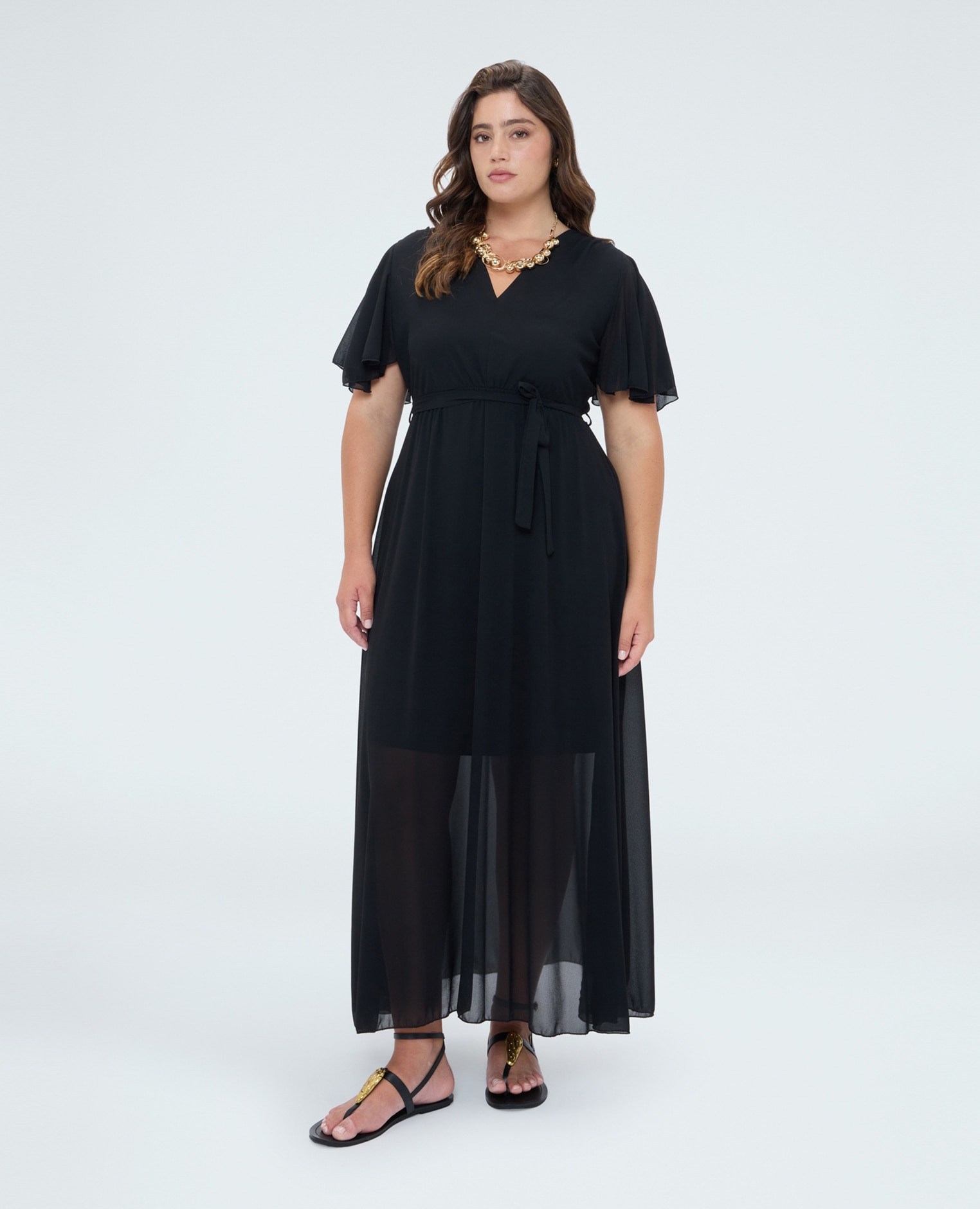 Vestido dream en georgette con escote en v mangas cortas con volantes de volante - Fiorella Rubino - Negro Negro-1
