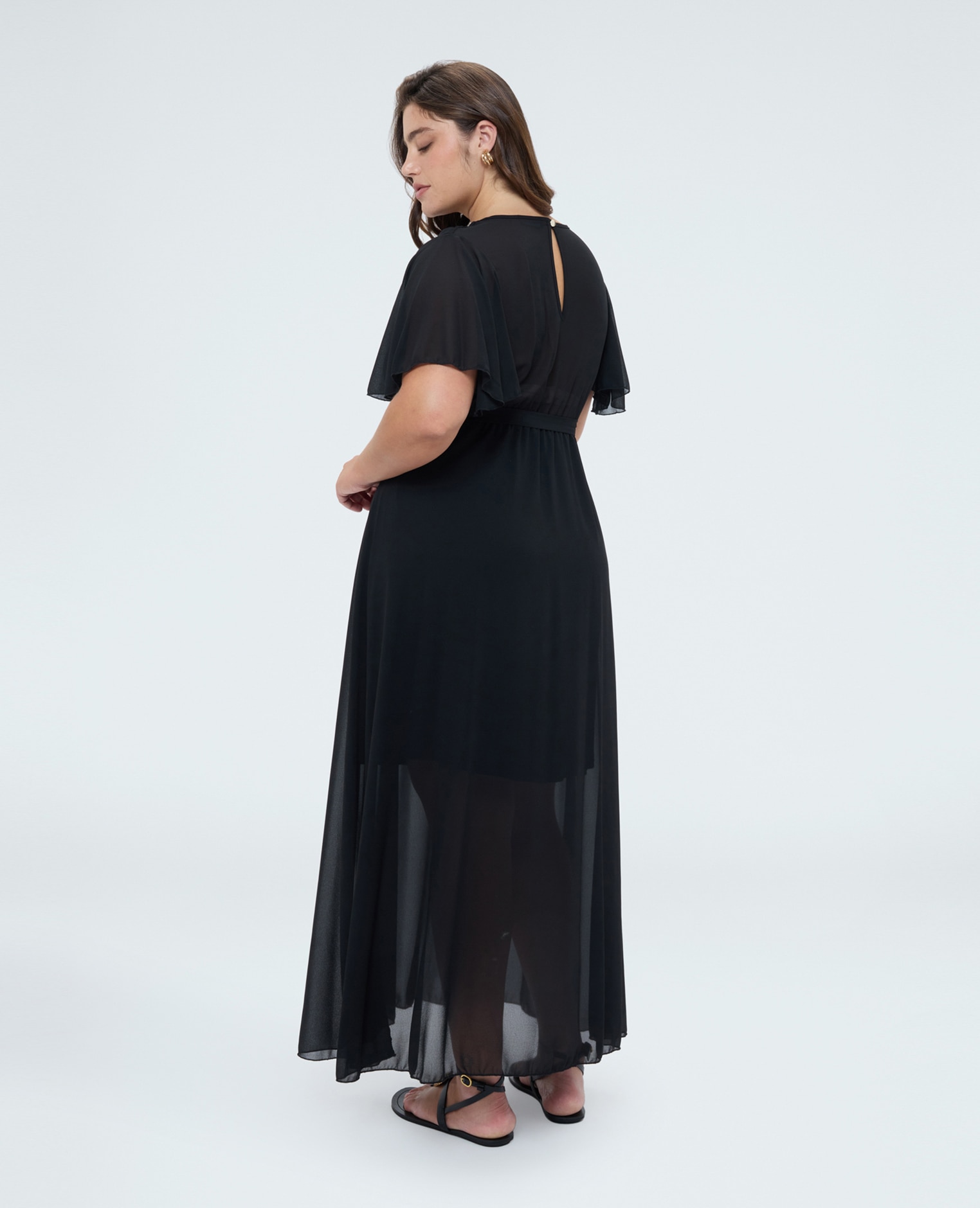 Vestido dream en georgette con escote en v mangas cortas con volantes de volante - Fiorella Rubino - Negro Negro-2