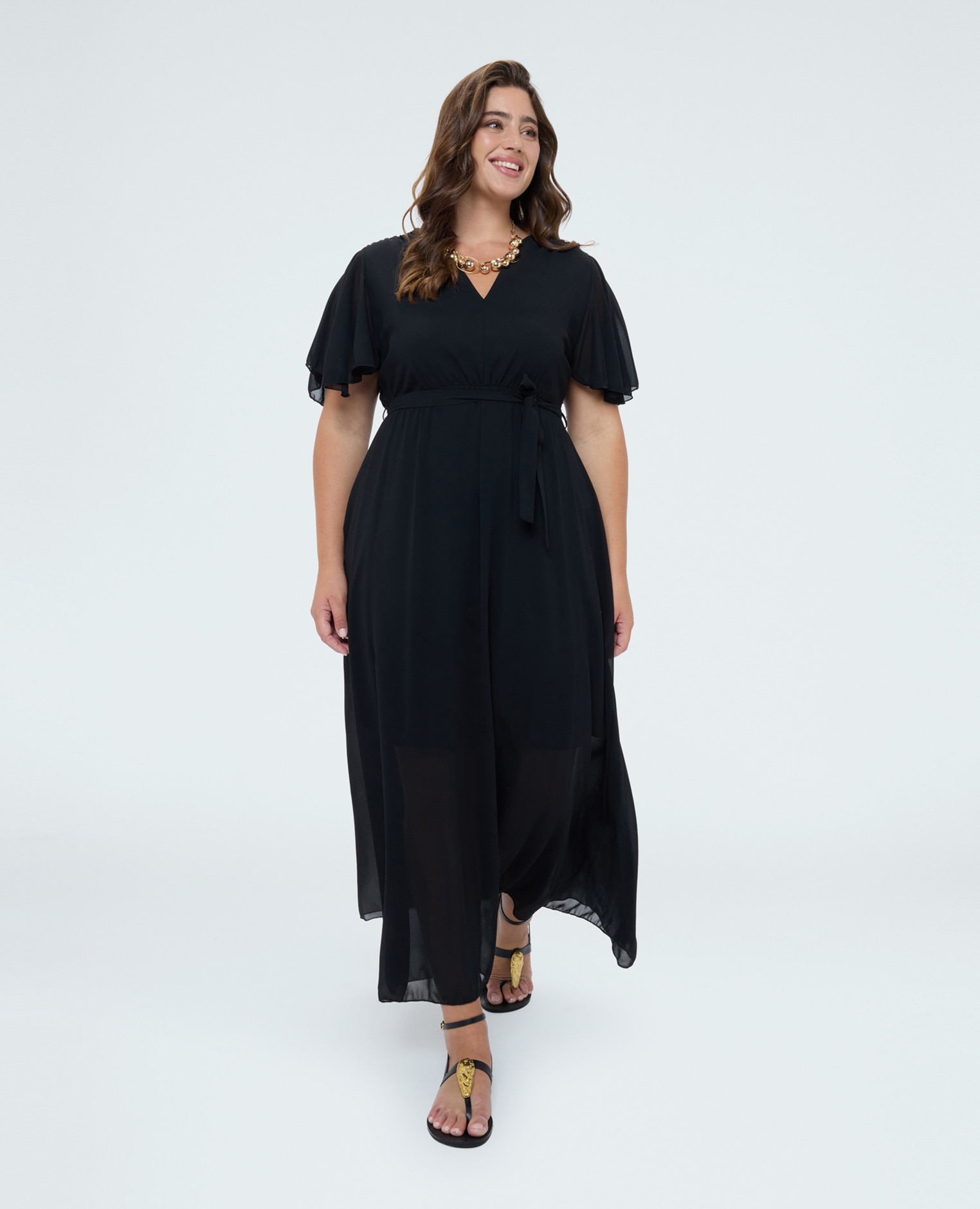 Vestido dream en georgette con escote en v mangas cortas con volantes de volante - Fiorella Rubino - Negro Negro-3