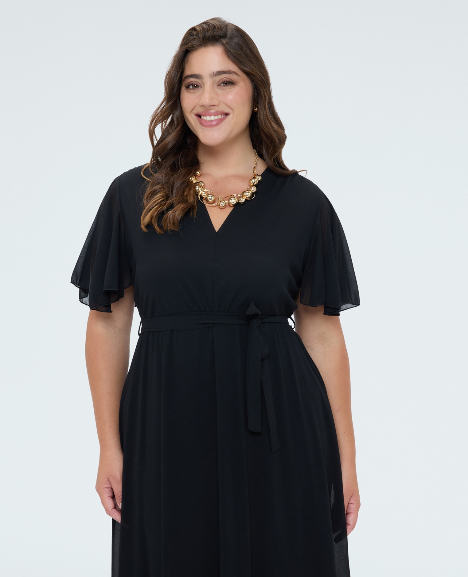 Vestido dream en georgette con escote en v mangas cortas con volantes de volante - Fiorella Rubino - Negro Negro-4