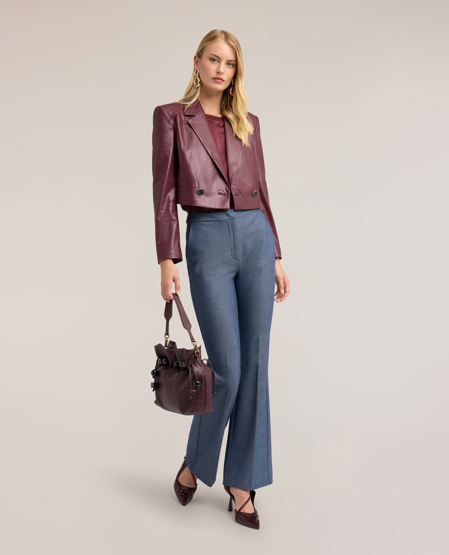 Chaqueta de mujer spencer en tejido revestido ajuste regular corte corto - Motivi - Burdeos Burdeos-3