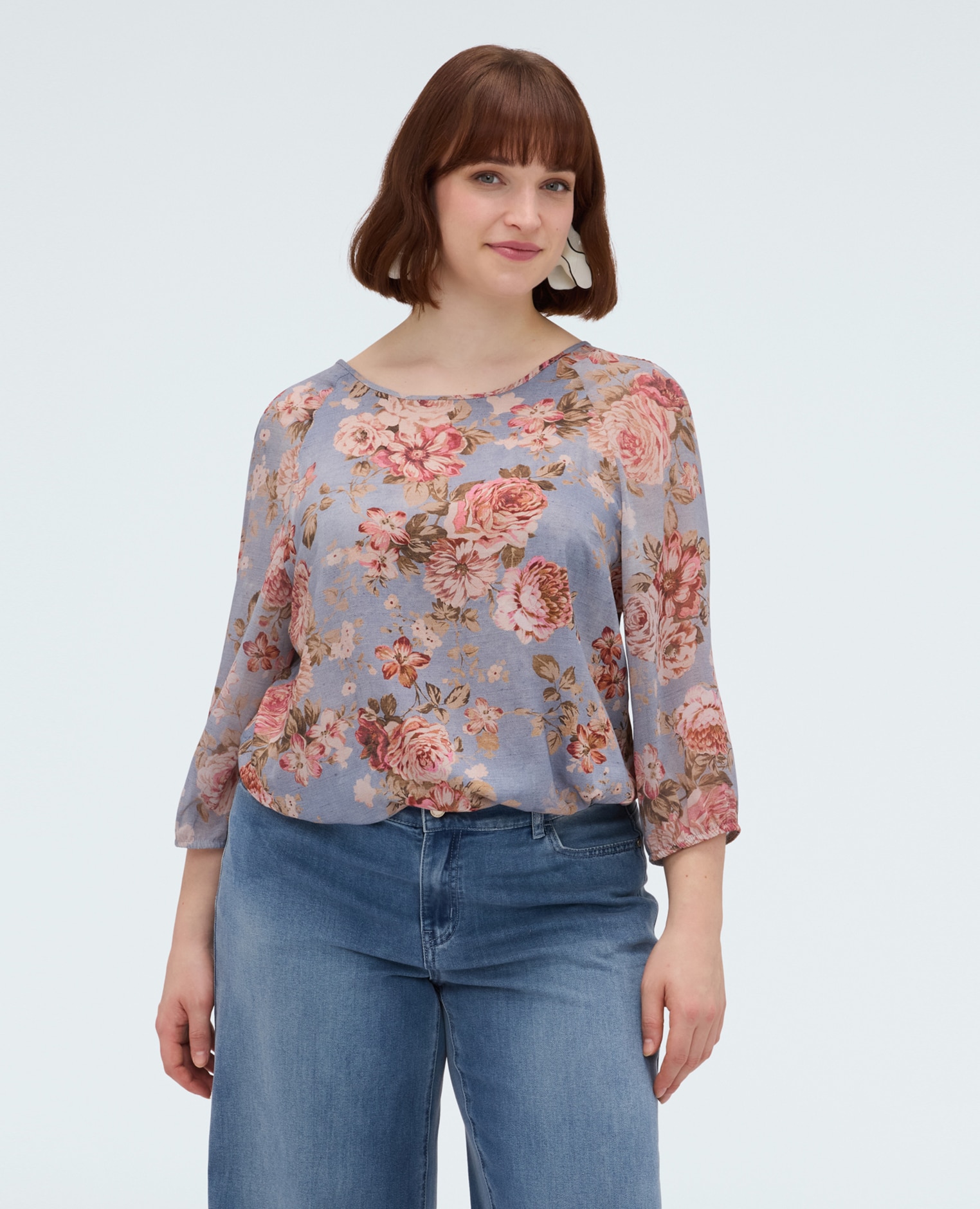Blusa de mujer con estampado floral de viscosa cordón ajustable en el bajo para personalizar el ajuste - Fiorella Rubino - Azul claro Azul claro-1