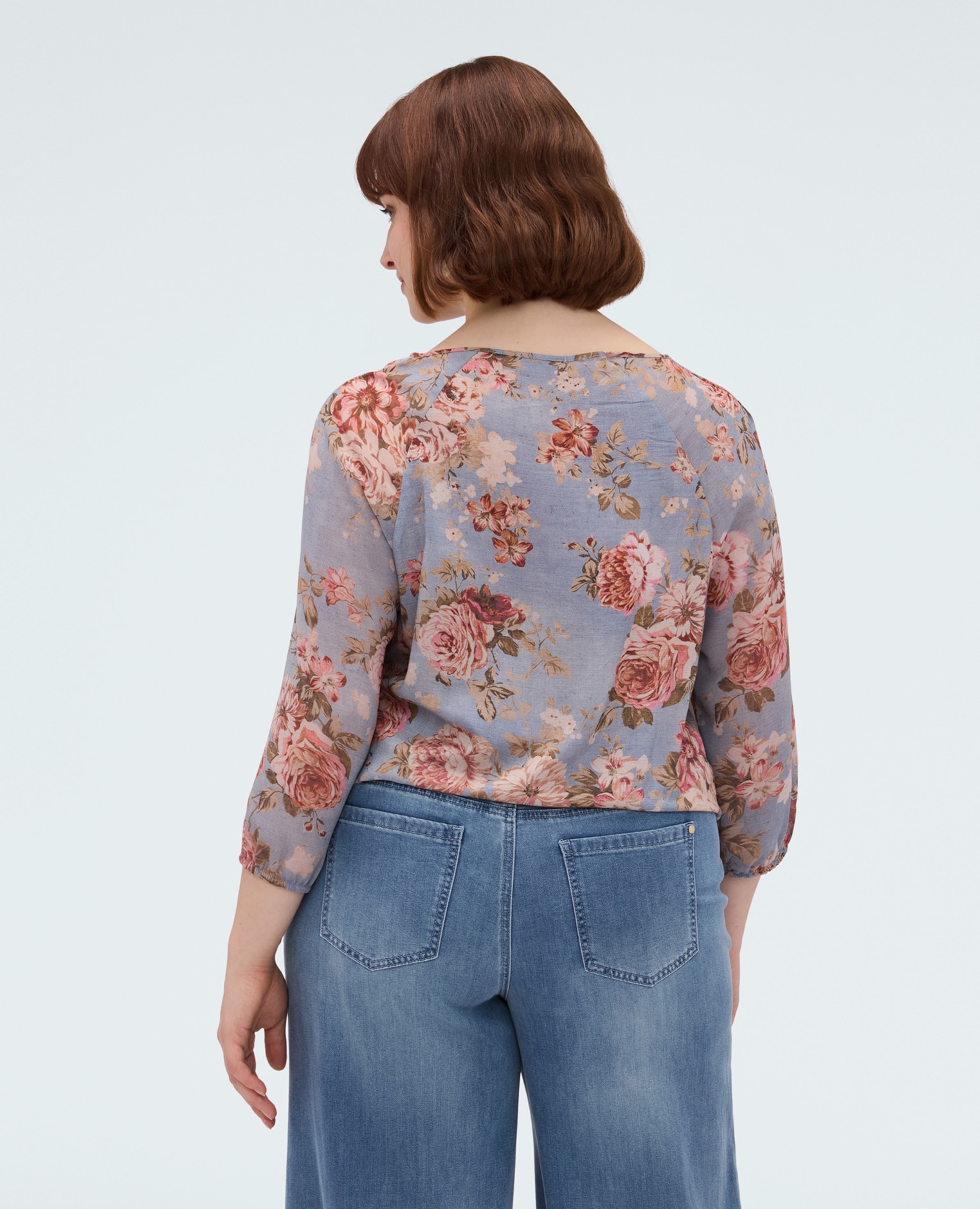 Blusa de mujer con estampado floral de viscosa cordón ajustable en el bajo para personalizar el ajuste - Fiorella Rubino - Azul claro Azul claro-2