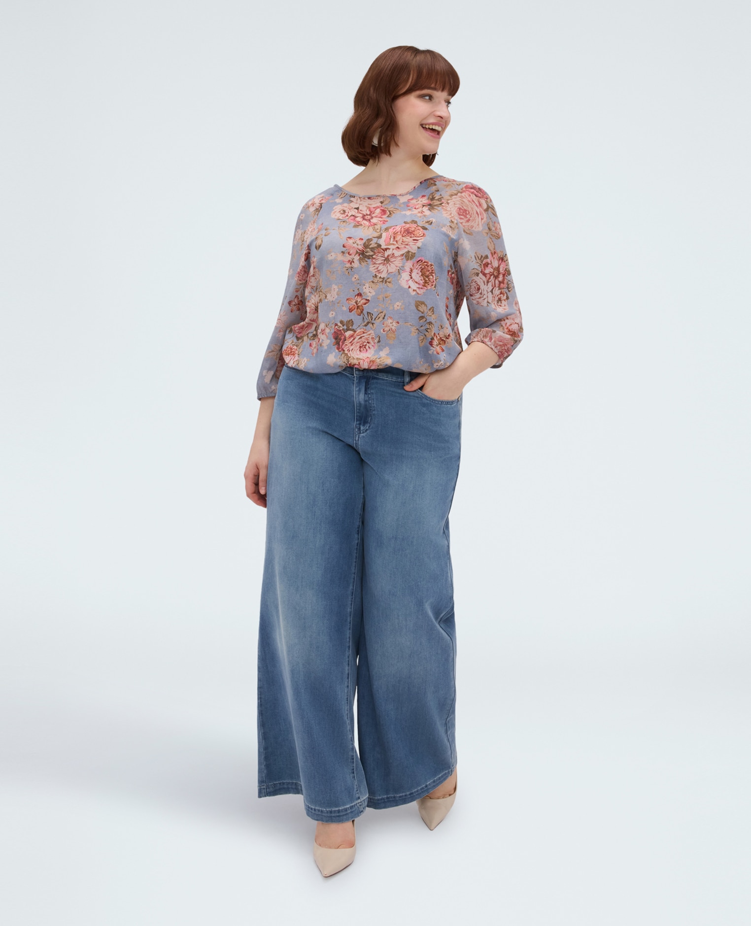 Blusa de mujer con estampado floral de viscosa cordón ajustable en el bajo para personalizar el ajuste - Fiorella Rubino - Azul claro Azul claro-3