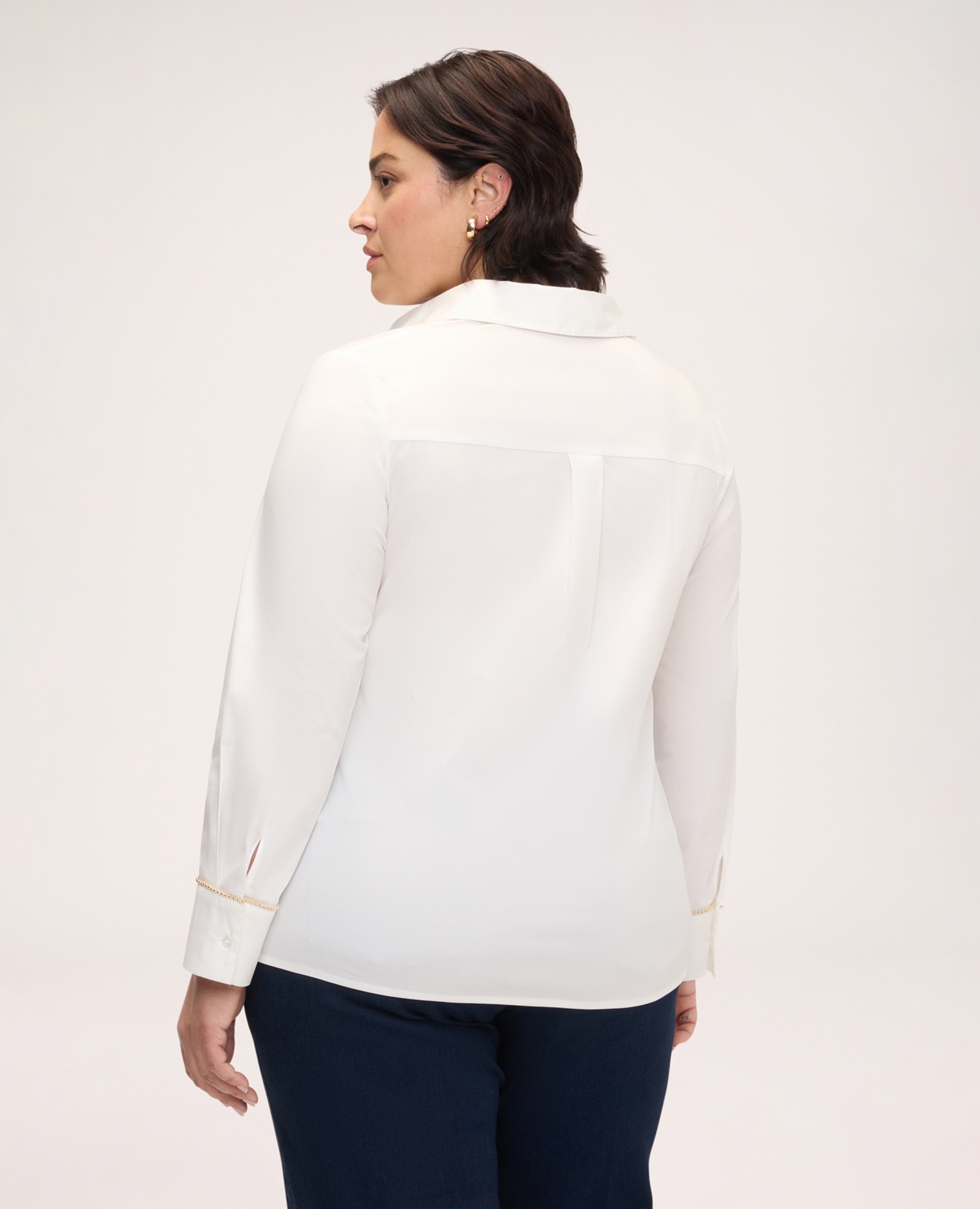 Camisa de mujer de algodón elástico con puño decorado cierre frontal con botones - Fiorella Rubino - Blanco Blanco-2