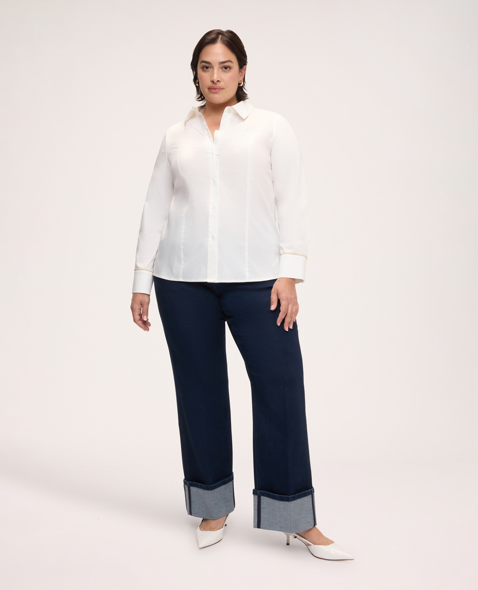 Camisa de mujer de algodón elástico con puño decorado cierre frontal con botones - Fiorella Rubino - Blanco Blanco-3