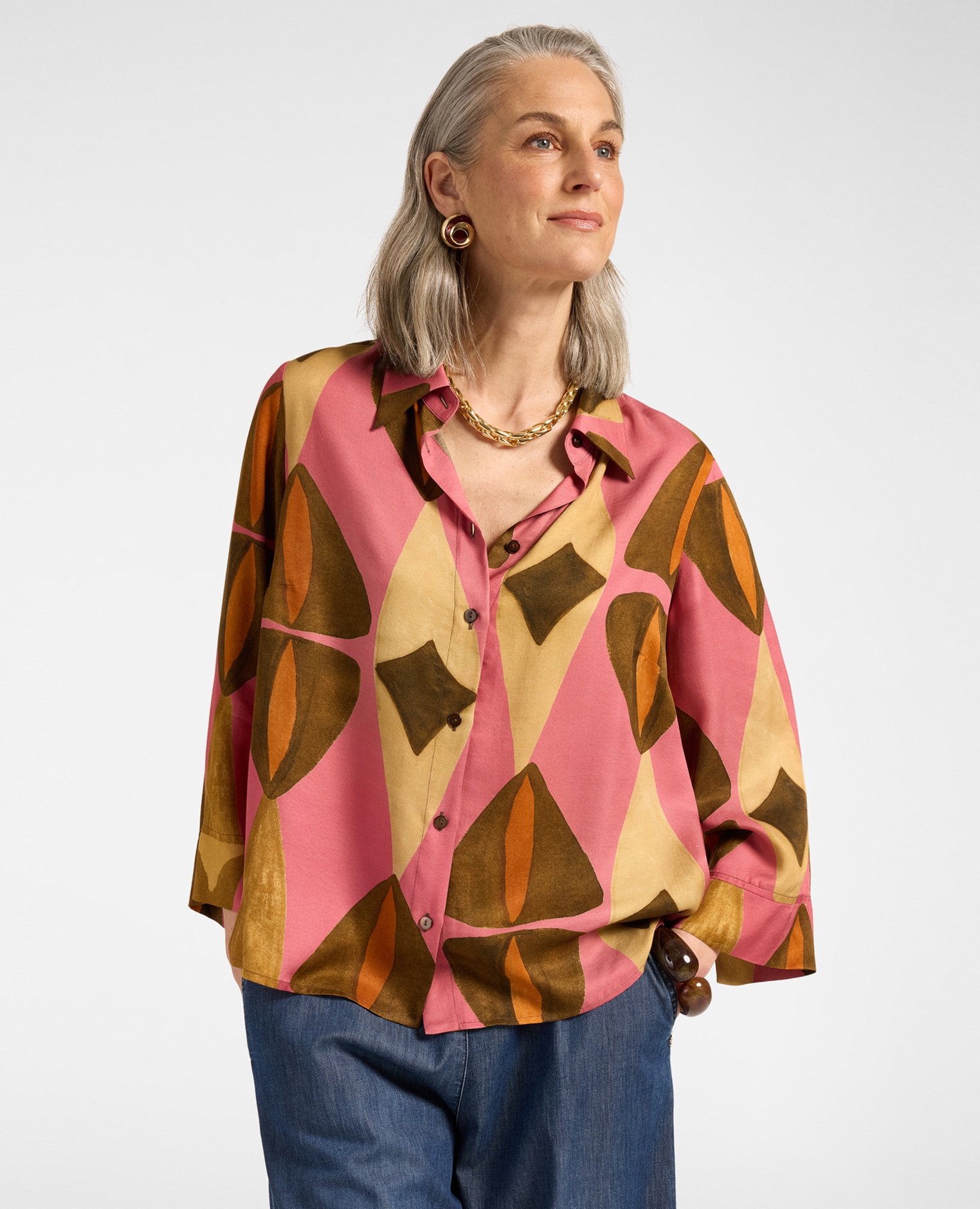 Camisa de mujer amplia de viscosa estampada ajuste regular cierre con botones en la parte delantera - Elena Miró - Rosa Rosa-1