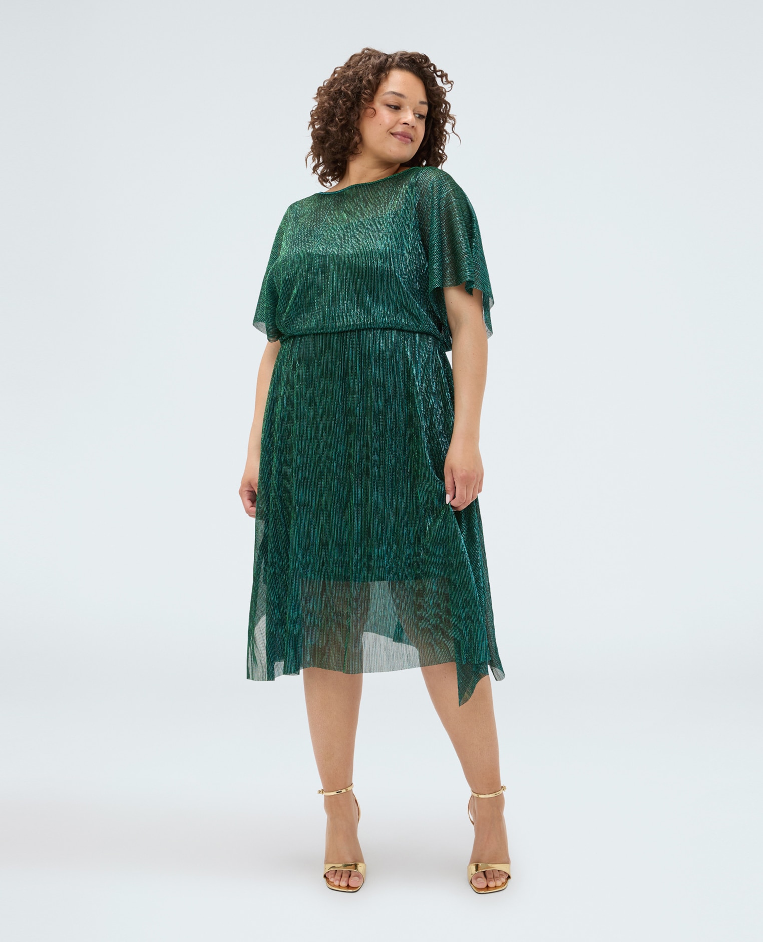 Vestido en crepón lurex elástico en la cintura cierre con botón en la parte trasera y abertura de gota en la espalda - Fiorella Rubino - Verde Verde-3