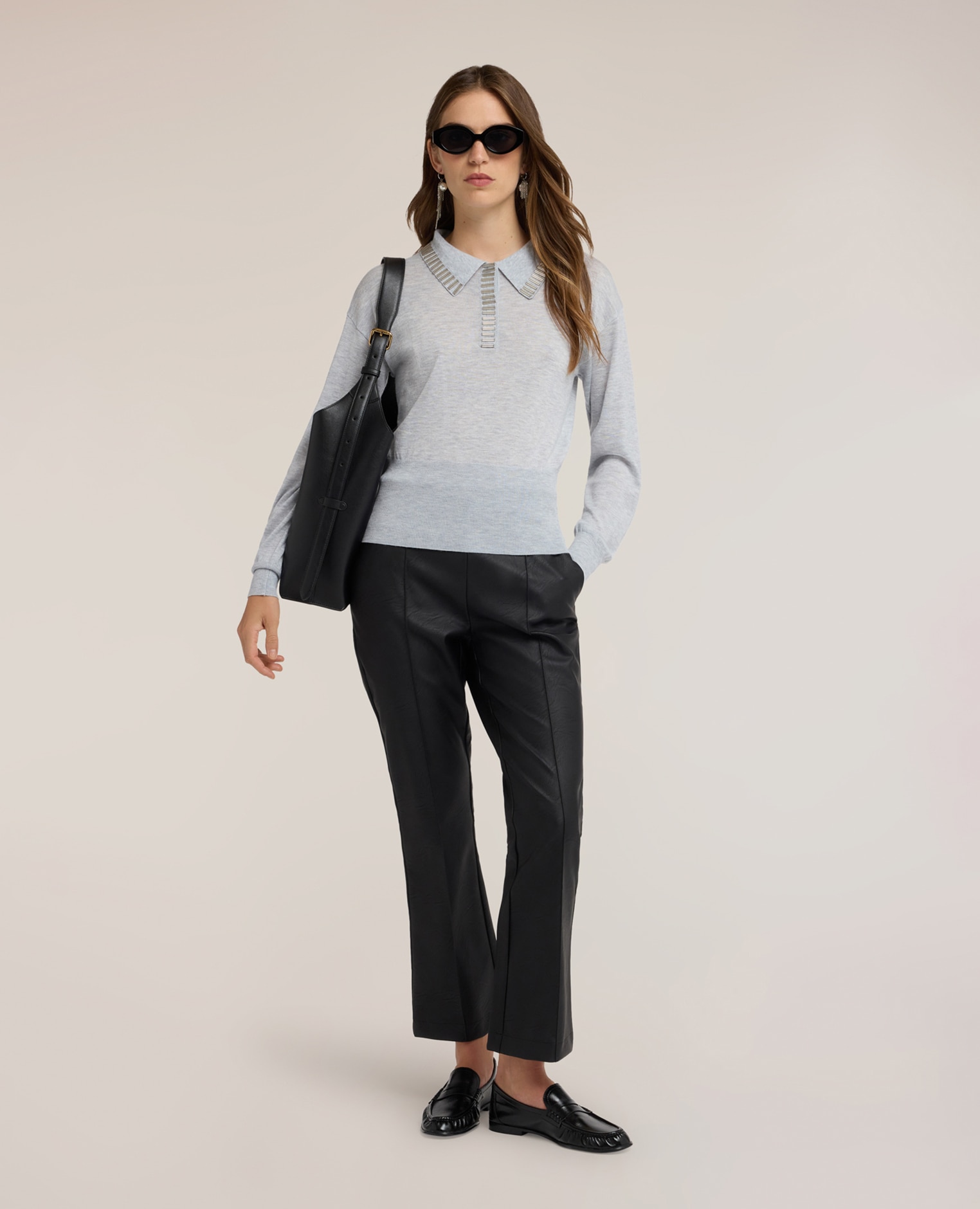 Pantalones de mujer kick flare con nervadura largo cropped cierre posterior con cremallera - Motivi - Negro Negro-1