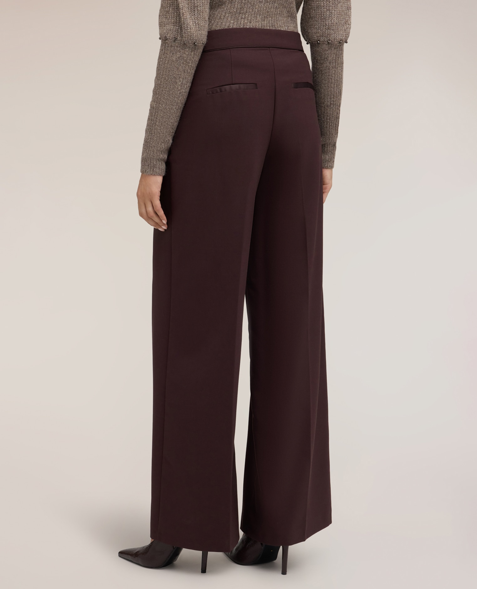 Pantalones de mujer palazzo en cady con detalles de satén ajuste ancho cierre frontal con corchetes y cremallera oculta - Motivi - Marrón Marrón-2