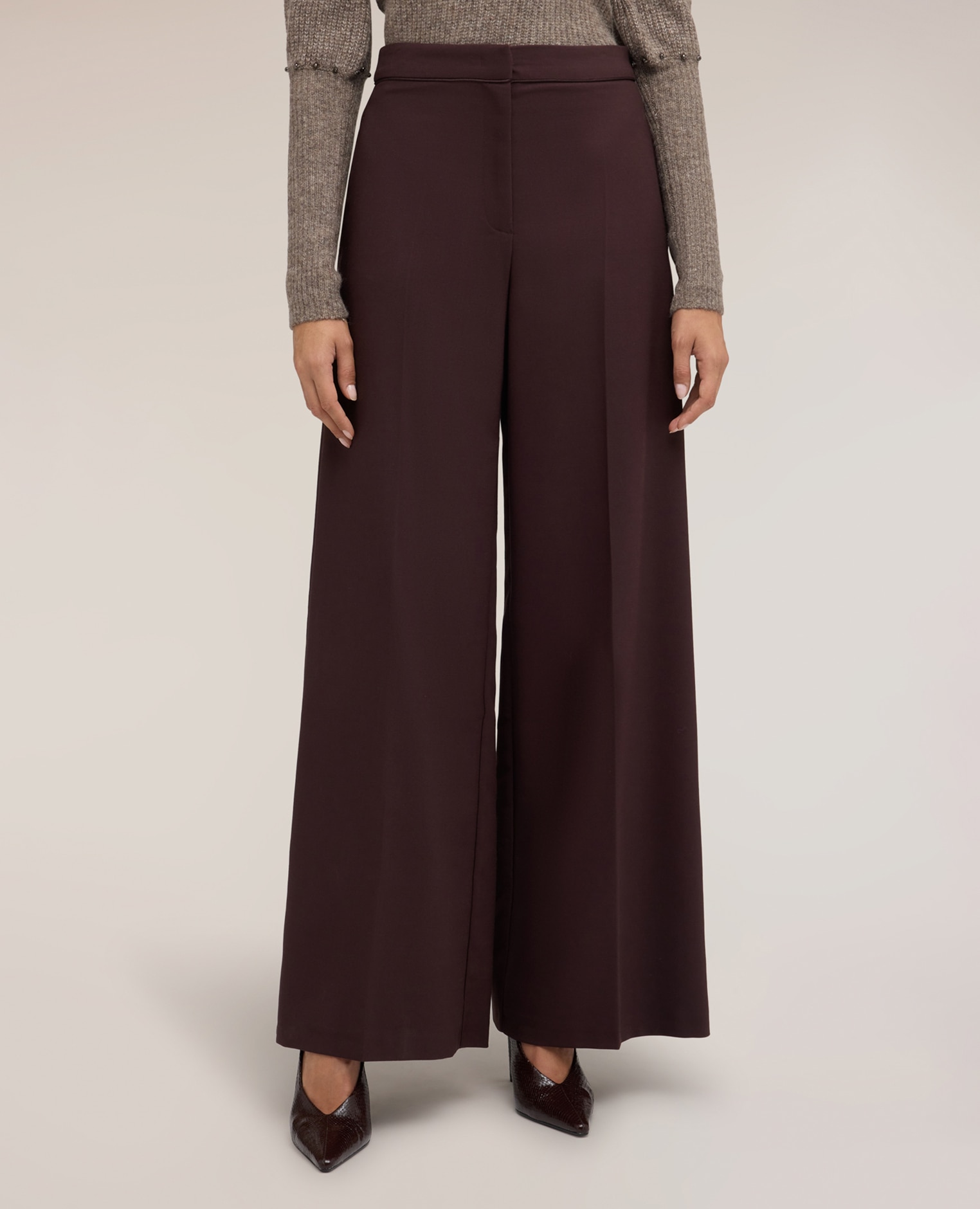 Pantalones de mujer palazzo en cady con detalles de satén ajuste ancho cierre frontal con corchetes y cremallera oculta - Motivi - Marrón Marrón-3