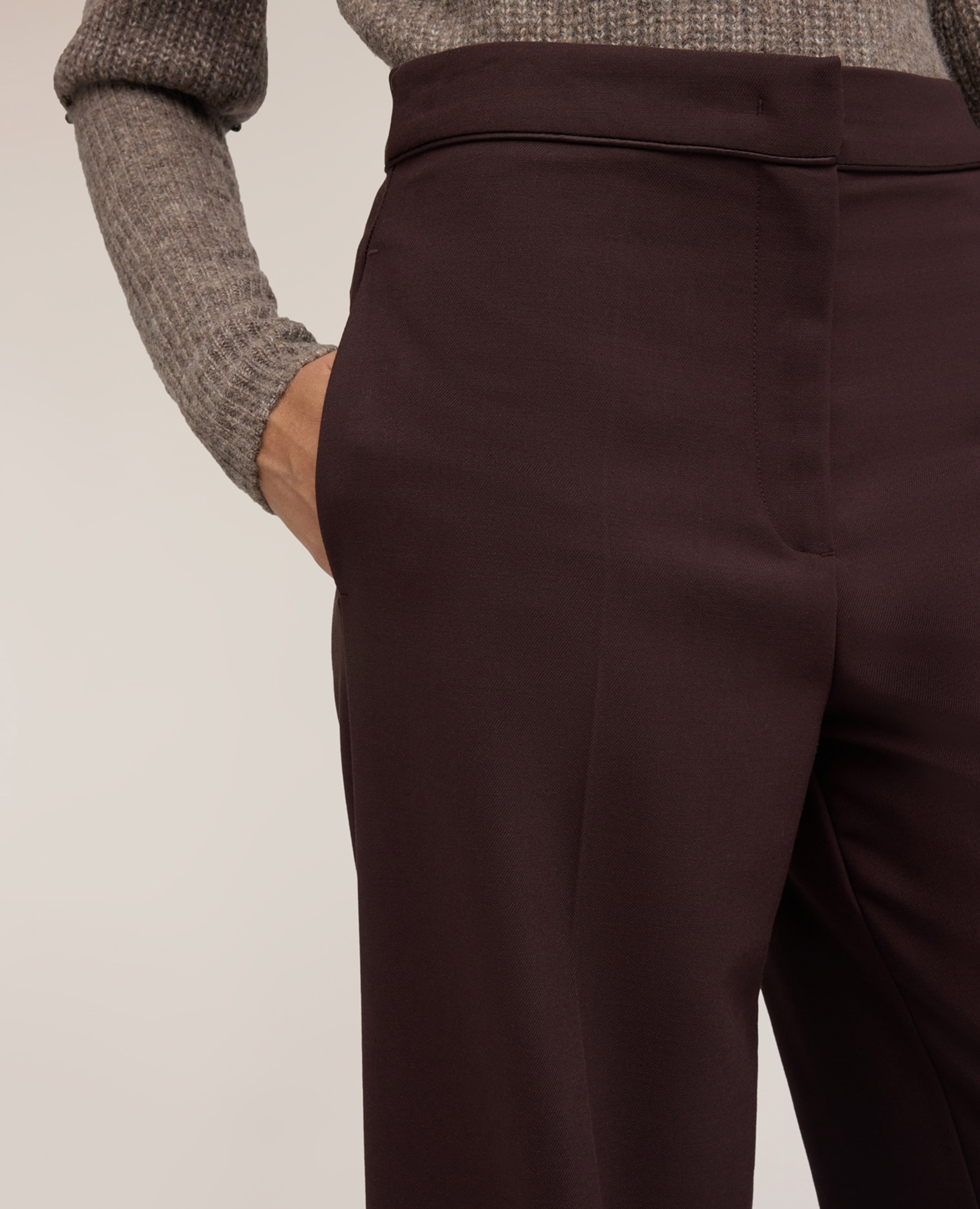 Pantalones de mujer palazzo en cady con detalles de satén ajuste ancho cierre frontal con corchetes y cremallera oculta - Motivi - Marrón Marrón-4