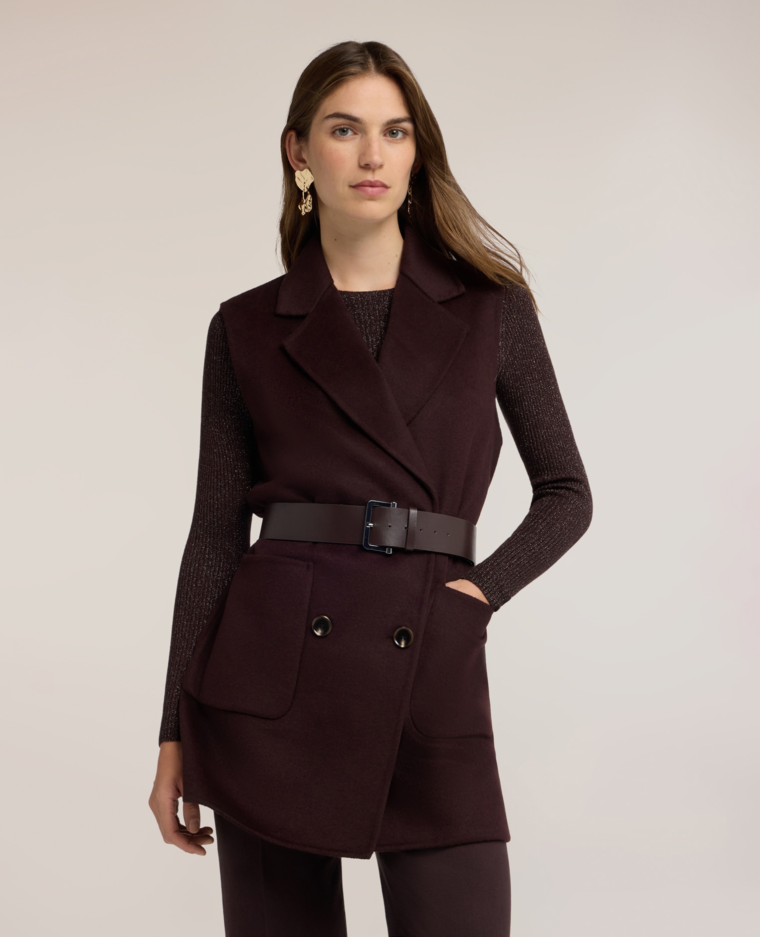 Chaleco de mujer con cinturón en doble mezcla de lana ajuste oversize largo midi - Motivi - Marrón Marrón-1