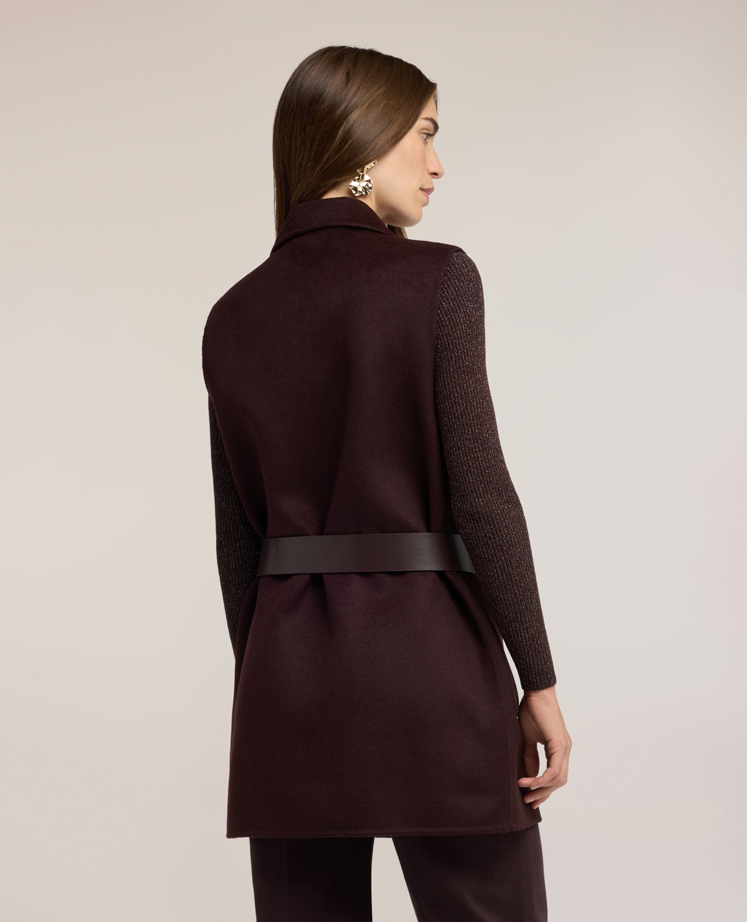 Chaleco de mujer con cinturón en doble mezcla de lana ajuste oversize largo midi - Motivi - Marrón Marrón-2