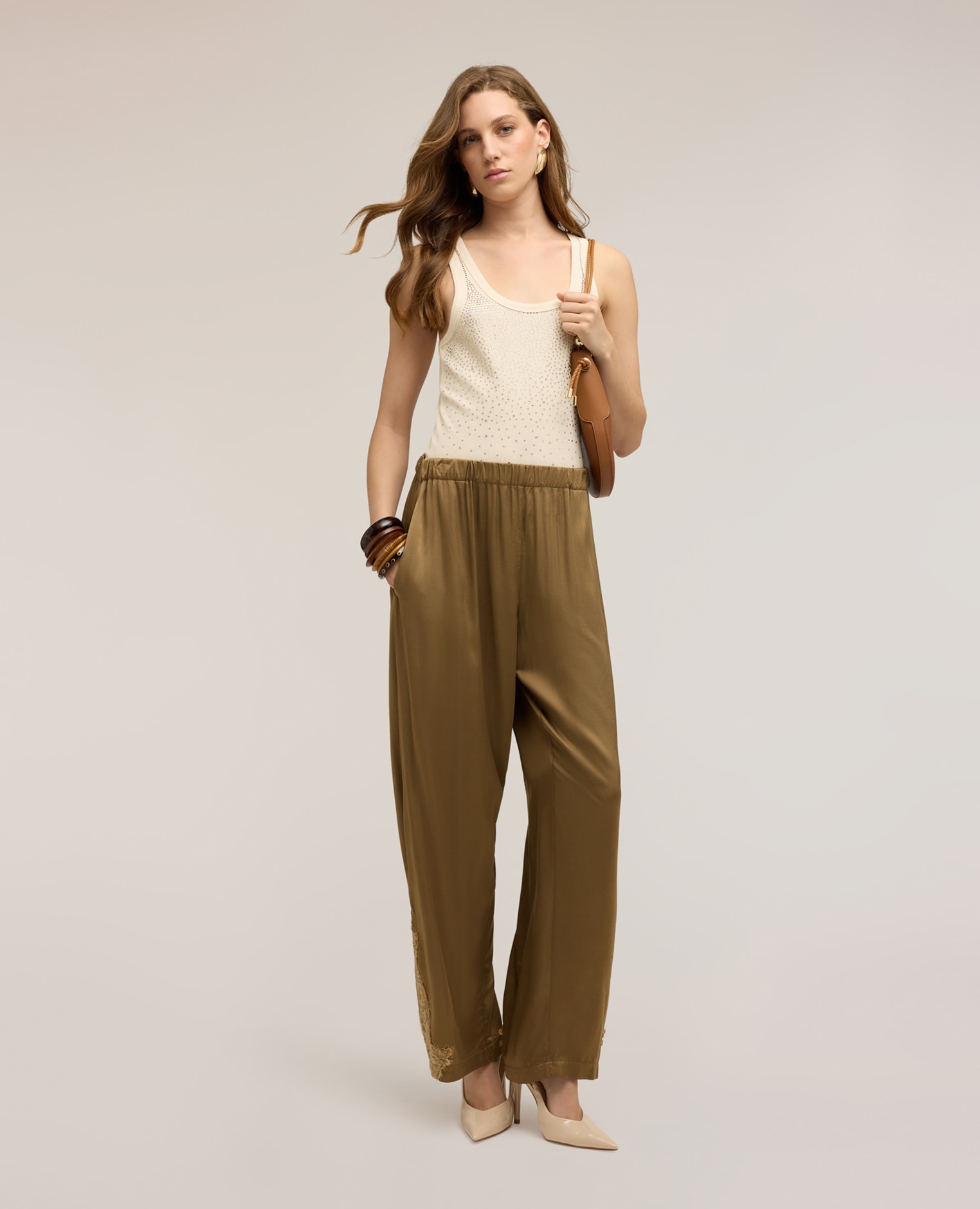 Top de mujer de punto acanalado con strass ajuste entallado con escote redondo - Motivi - Beige Beige-3