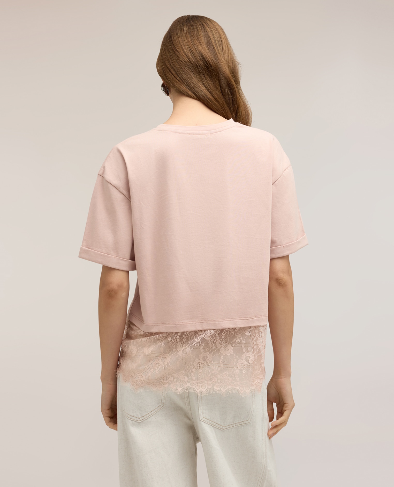 Camiseta de mujer con inserto de encaje ajuste oversize con cuello redondo - Motivi - Rosa Rosa-2