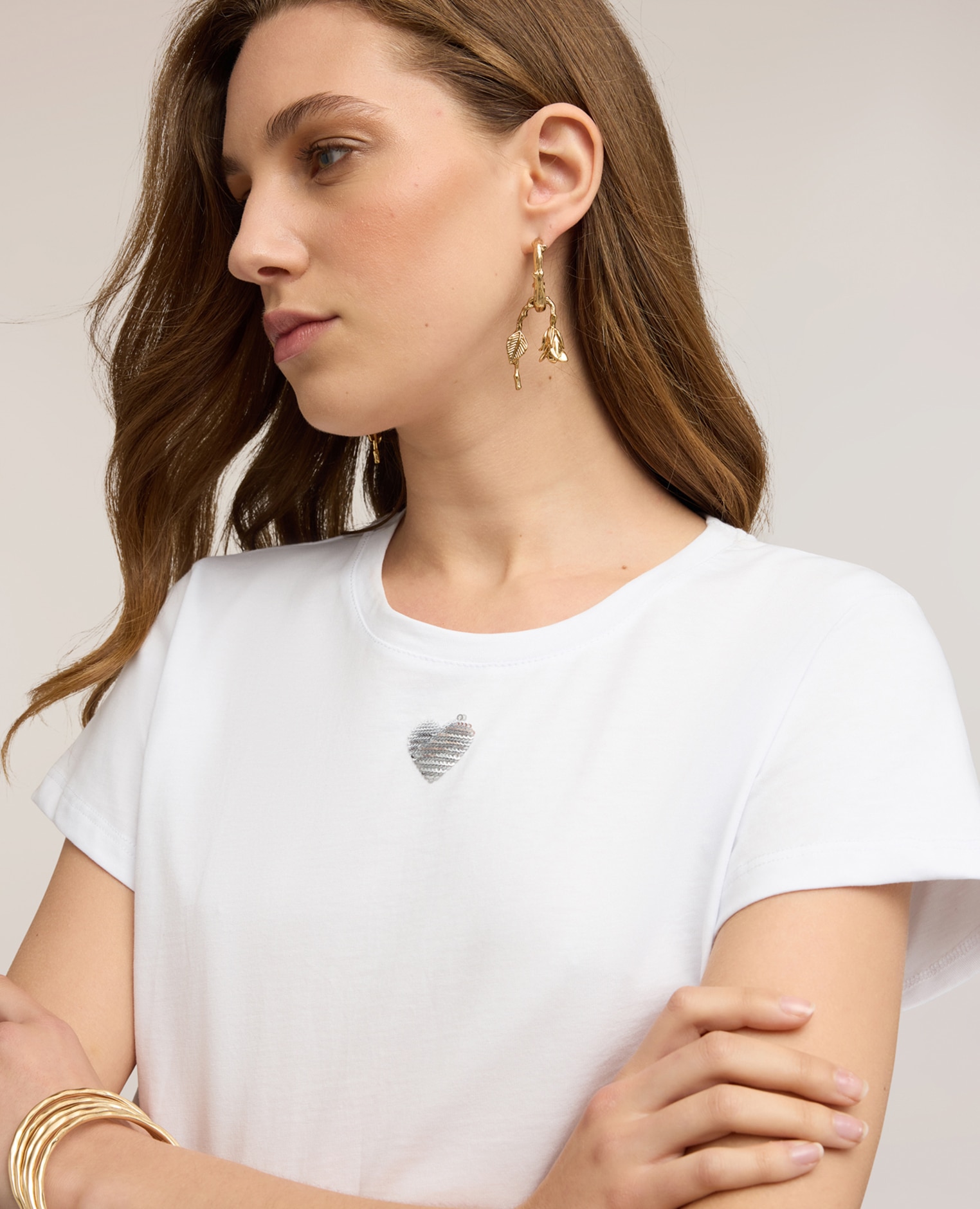 Camiseta de mujer de jersey con corazón de lentejuelas ajuste regular con escote redondo - Motivi - Blanco Blanco-4