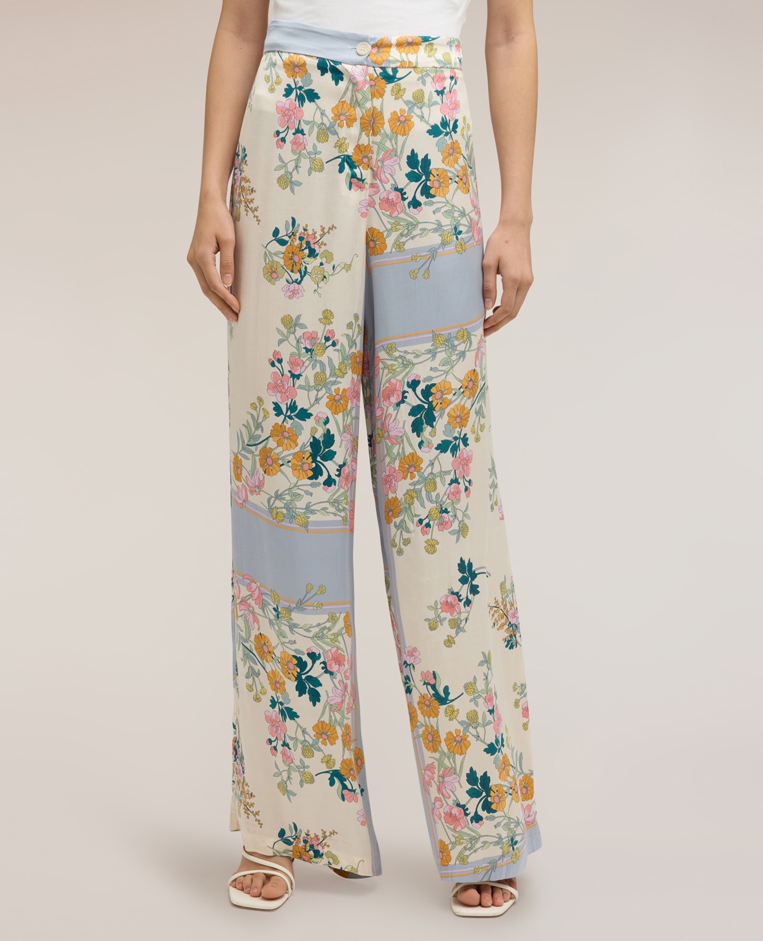 Pantalones de mujer palazzo de raso con estampado ajuste regular apertura frontal con botones y cremallera - Motivi - Blanco Blanco-3