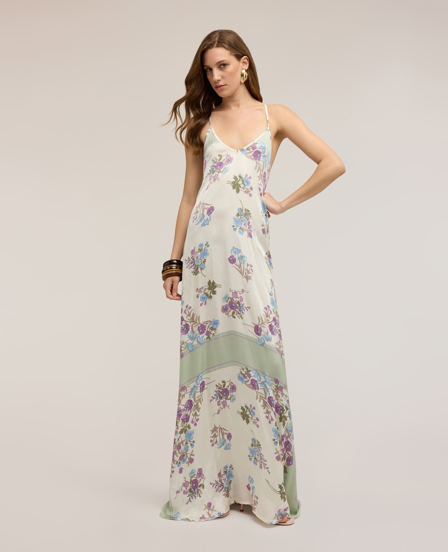 Motivi - Vestido largo de satén con estampado tirantes finos ajustables con detalle cruzado en la espalda.