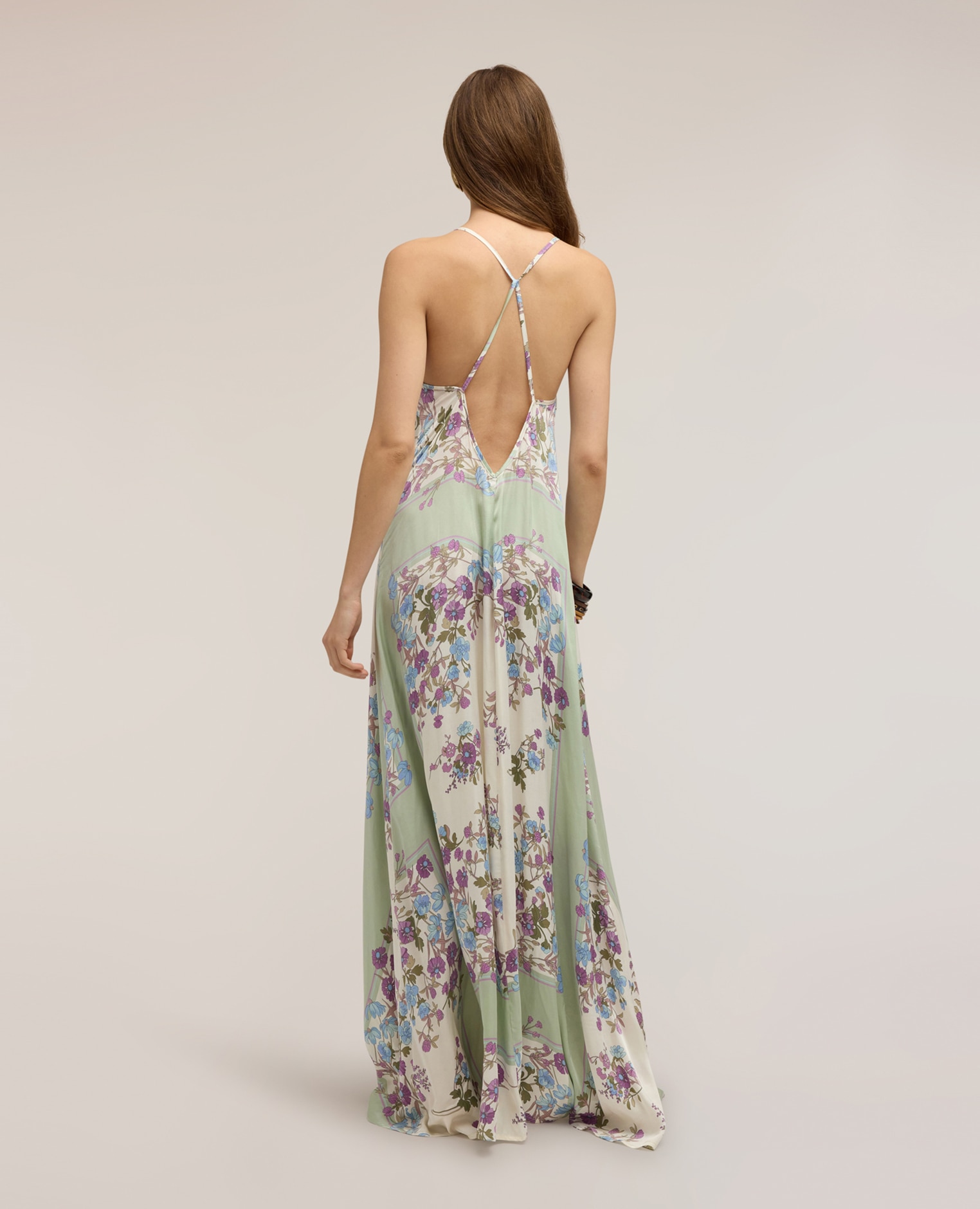 Vestido largo de satén con estampado tirantes finos ajustables con detalle cruzado en la espalda - Motivi - Blanco Blanco-2