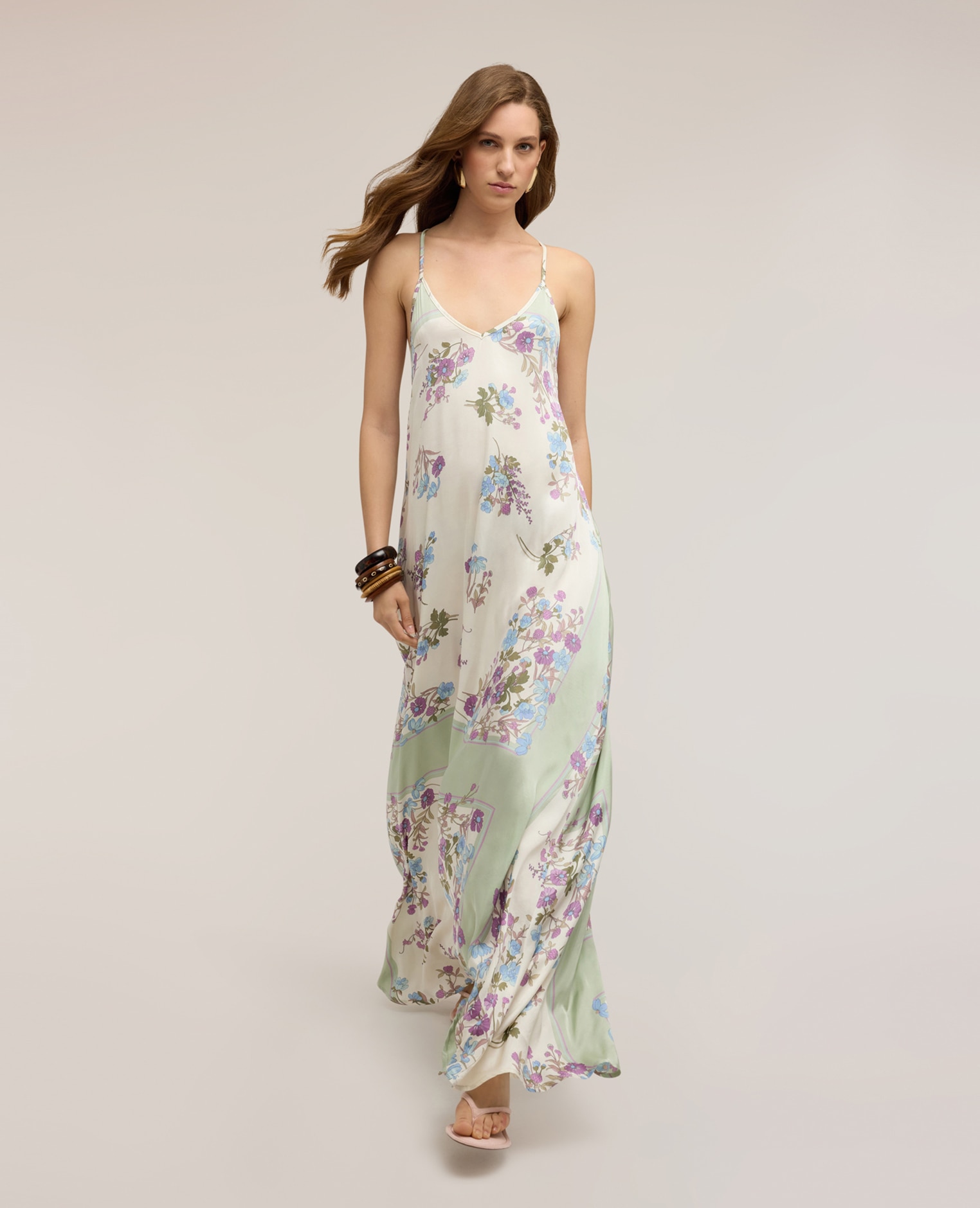 Vestido largo de satén con estampado tirantes finos ajustables con detalle cruzado en la espalda - Motivi - Blanco Blanco-3