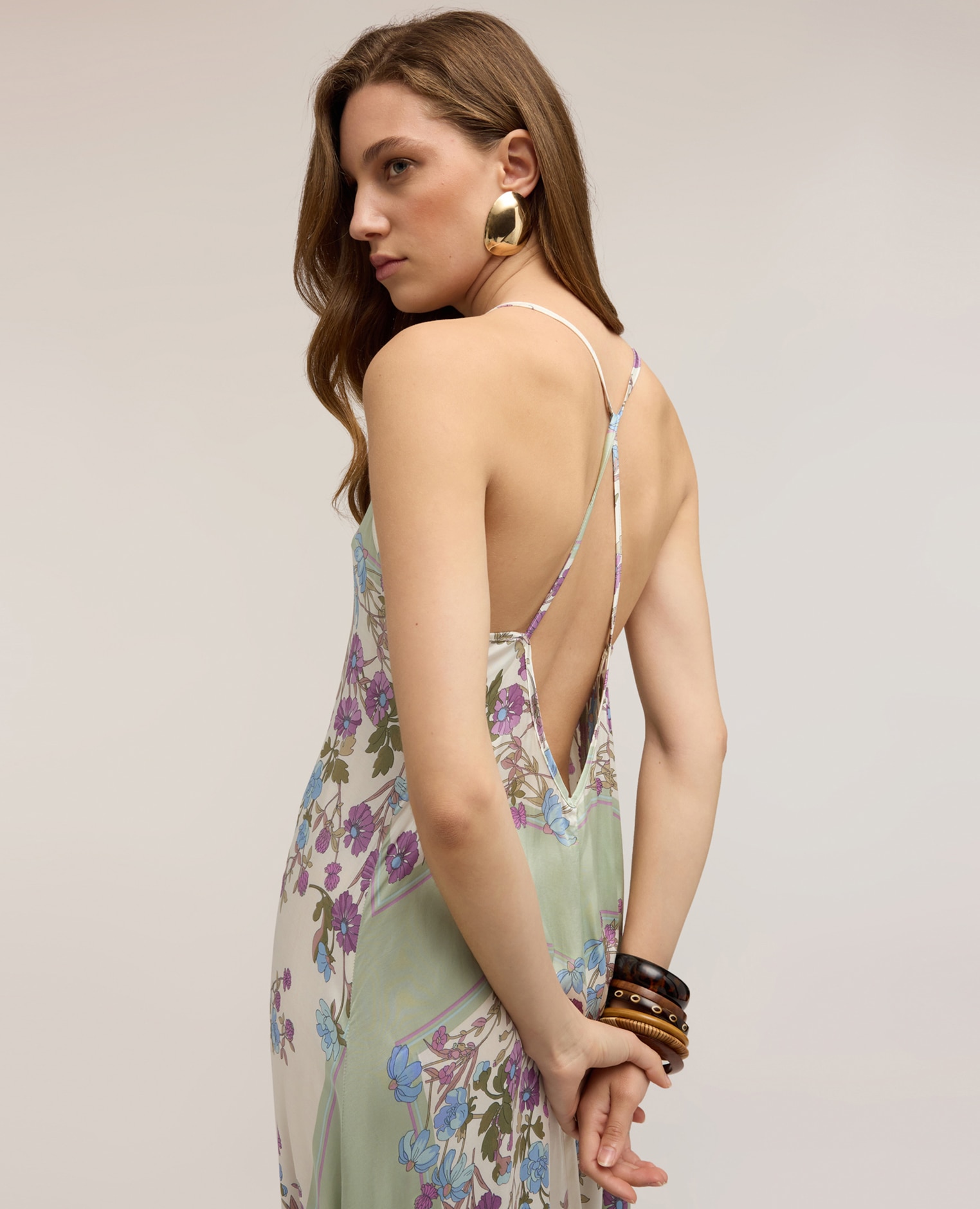 Vestido largo de satén con estampado tirantes finos ajustables con detalle cruzado en la espalda - Motivi - Blanco Blanco-4