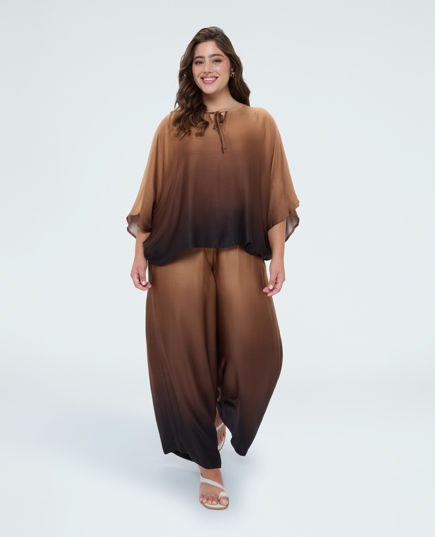 Blusa de mujer de raso efecto degradado efecto degradado difuminado - Fiorella Rubino - Marrón Marrón-3