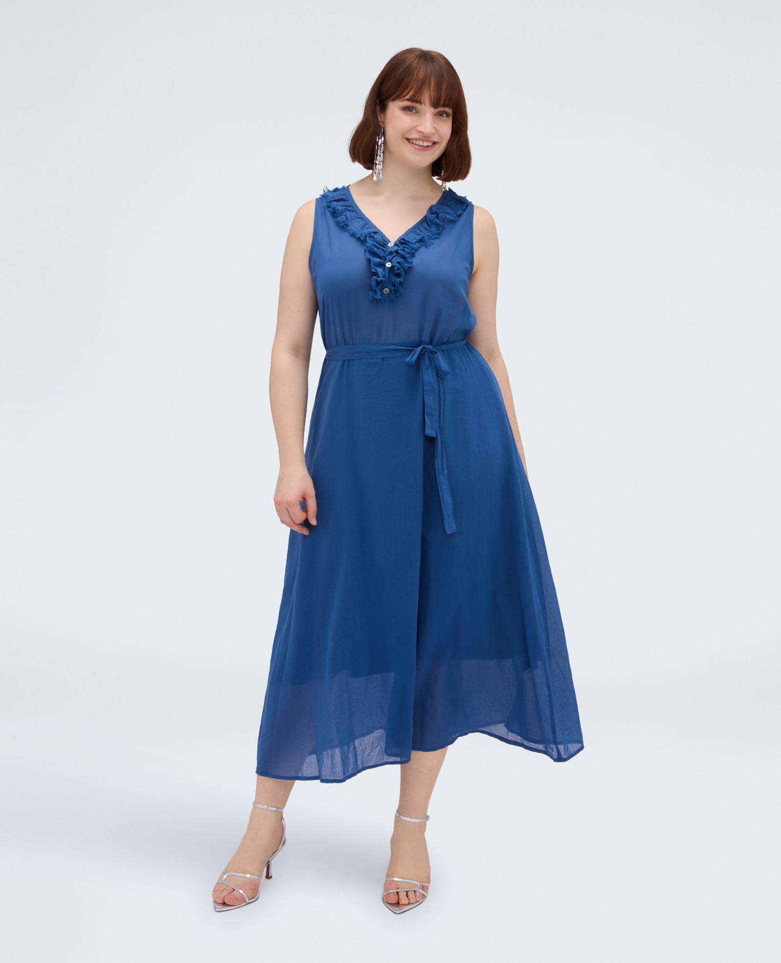 Vestido free con volantes detalle de volantes en el escote y botones - Fiorella Rubino - Azul Azul-3