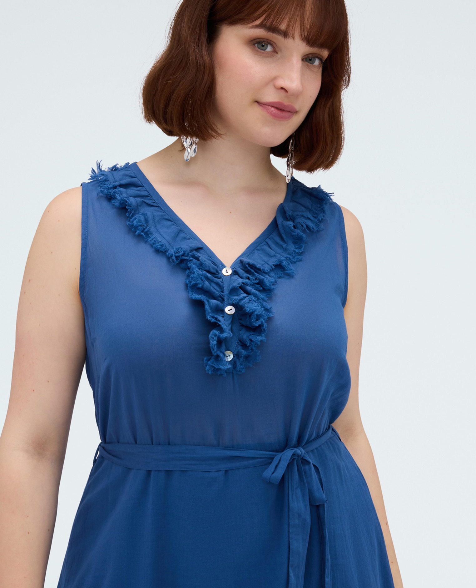 Vestido free con volantes detalle de volantes en el escote y botones - Fiorella Rubino - Azul Azul-4