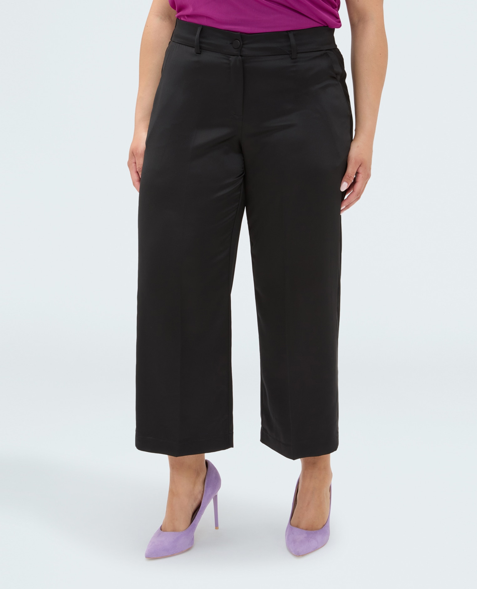 Pantalones de mujer cropped de raso cierre con botón y cremallera bolsillos clásicos - Fiorella Rubino - Negro Negro-3